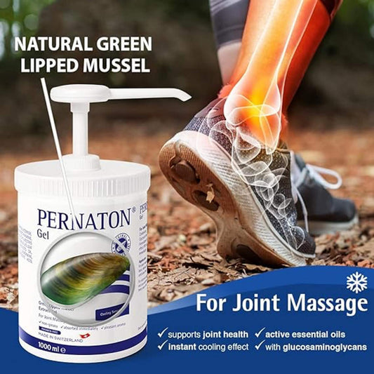 Pernaton gel container with a person massaging their knee, highlighting joint health benefits.