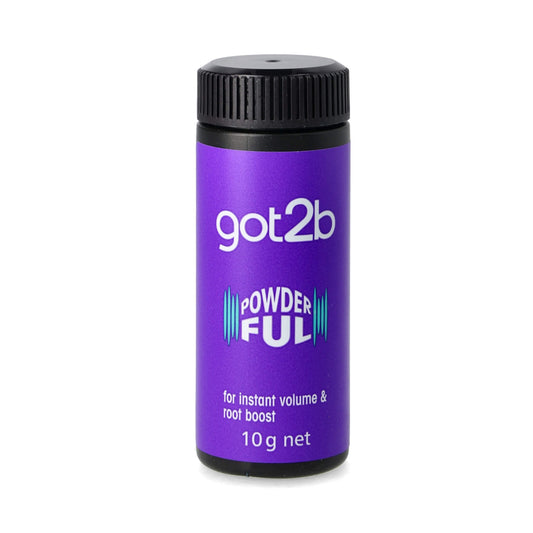 A 10g black plastic bottle of got2b Powderful root boost powder, featuring a vibrant purple label with white and teal text, set against a plain white background.