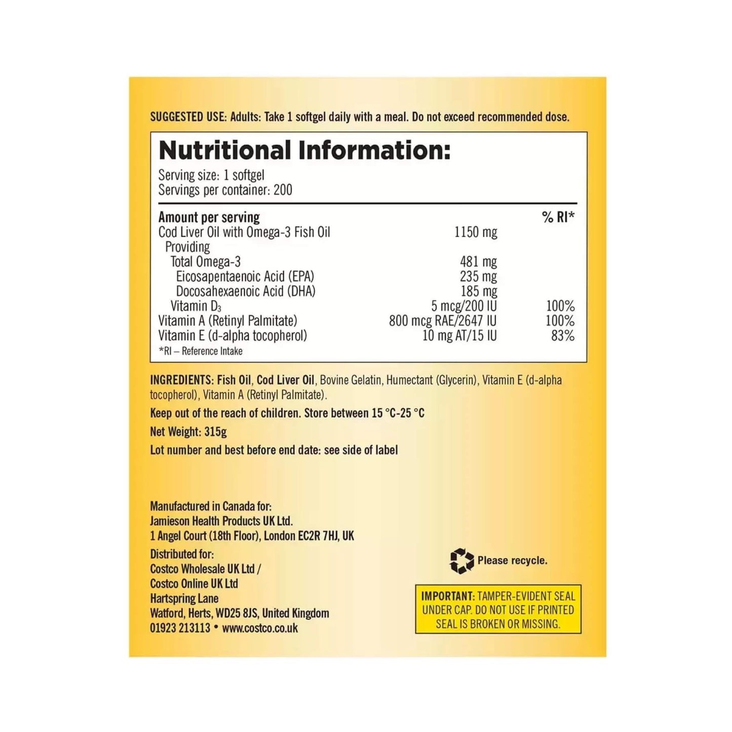 Kirkland Signature Cod Liver Oil + Omega 3 1150mg - 2 x 200 Softgels