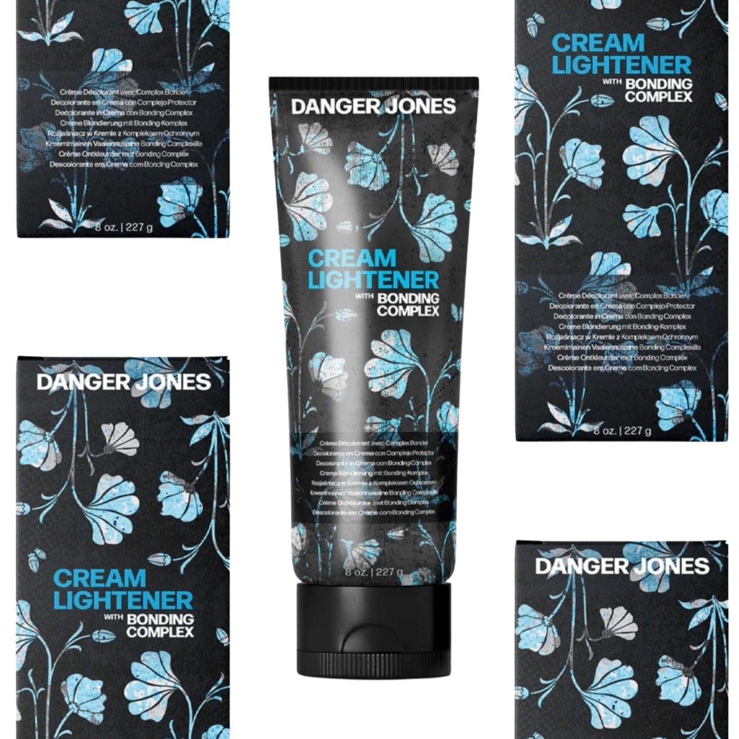 Collage of Danger Jones Cream Lightener 227g tubes and boxes with Bonding Complex for professional high-lift hair coloring