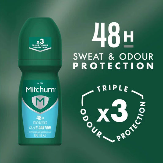 Mitchum Men Clean Control 48H Triple Odor Protection antiperspirant roll-on banner