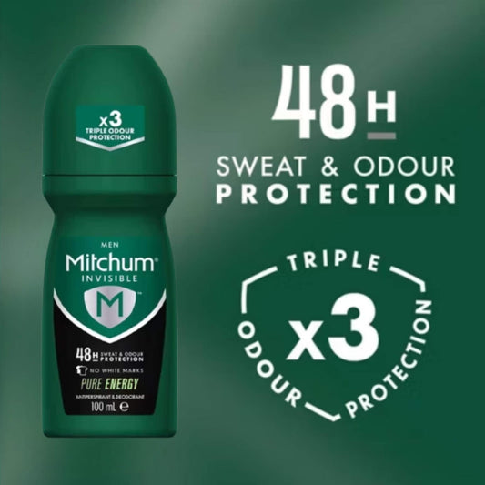 Mitchum Men Invisible Pure Energy 48H Triple Odour Protection anti-white mark technical banner