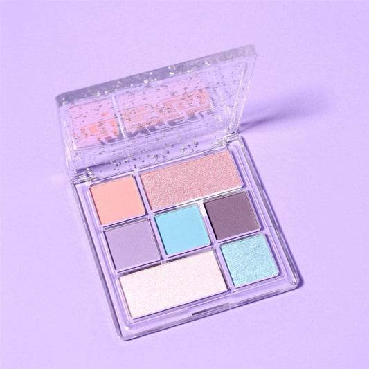 Sunkissed Angel Energy open eyeshadow palette featuring cool tone pastels lilac baby blue and icy shimmer
