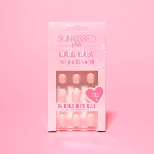 Sunkissed Nails Round Gloss set of 24 pink acrylic strength nails with glue on pink background