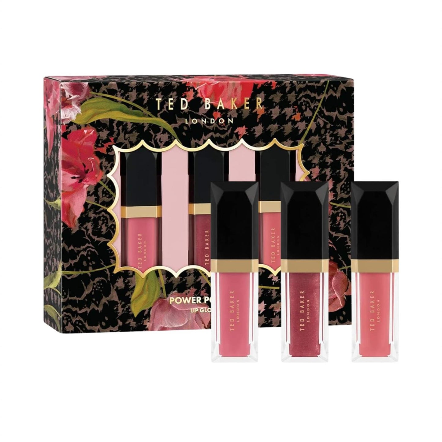 Angled view of Ted Baker Power Pout Trio lip gloss set showing Peony Rose and Pink shades in a floral gift box
