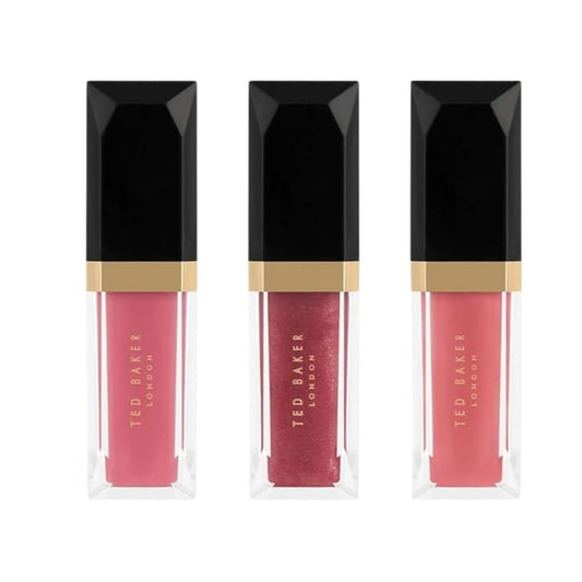 Three Ted Baker Power Pout Trio lip glosses in Peony, Rose, and Pink shades on a white background