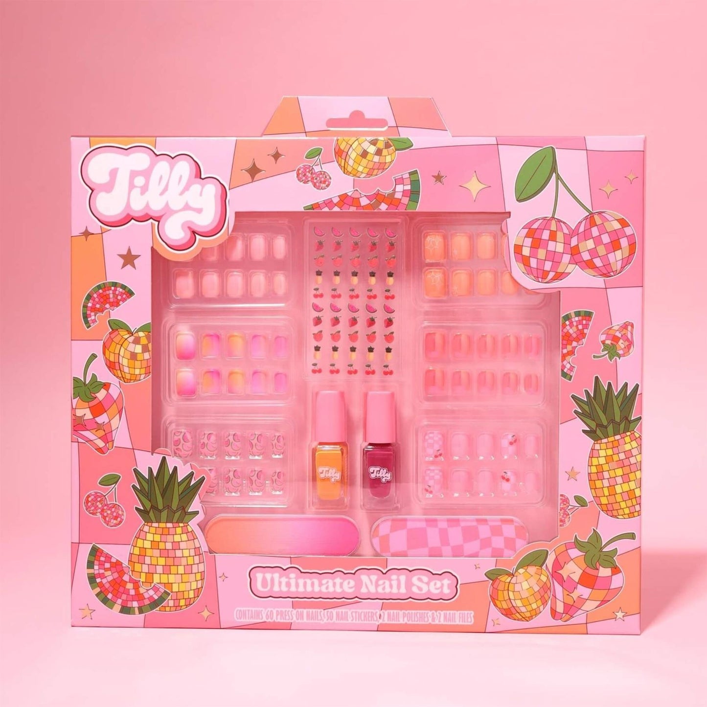 The Tilly Ultimate Nail Set displayed against a soft pink background featuring press on nails and polish
