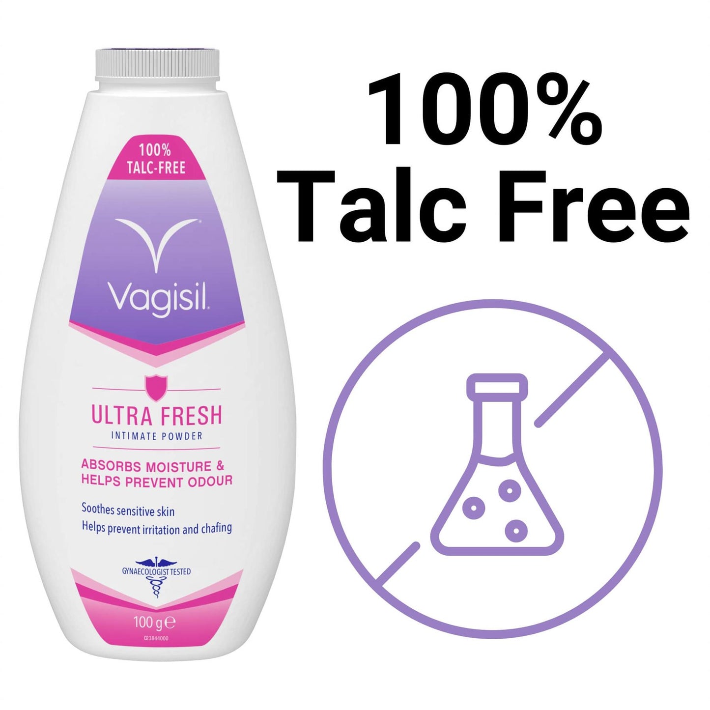Vagisil Ultra Fresh Intimate Powder graphic confirming the 100 percent talc-free formula for safe moisture absorption