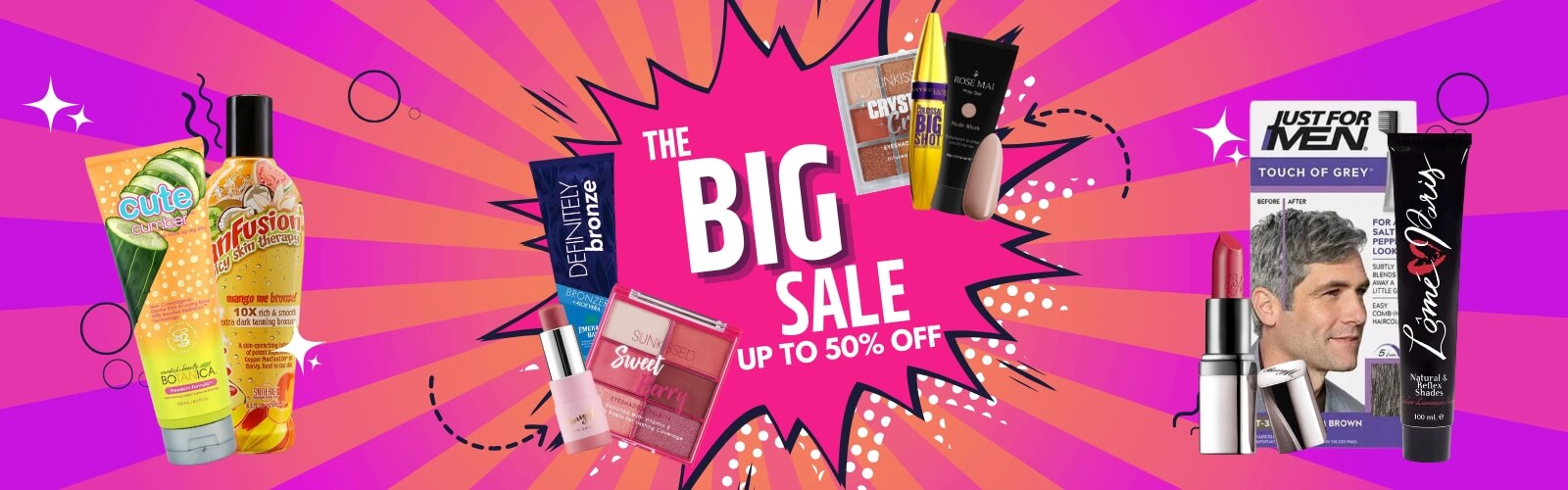 The Big Sale banner featuring up to 50 percent off hair and beauty products including makeup palettes, tanning lotions, and men's hair colour
