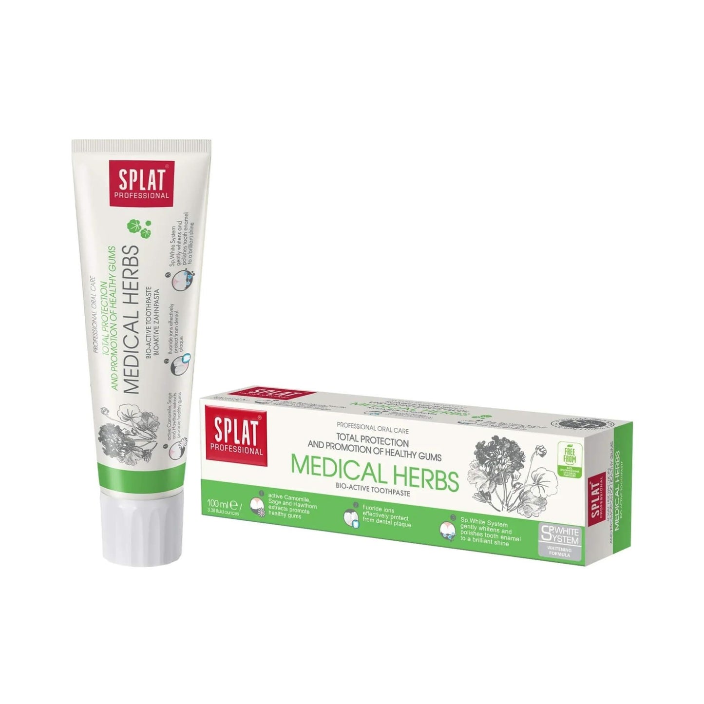 Splat Professional Medical Herbs toothpaste shown as a white squeeze tube with a green band and a matching green-and-white product box on a plain white background.