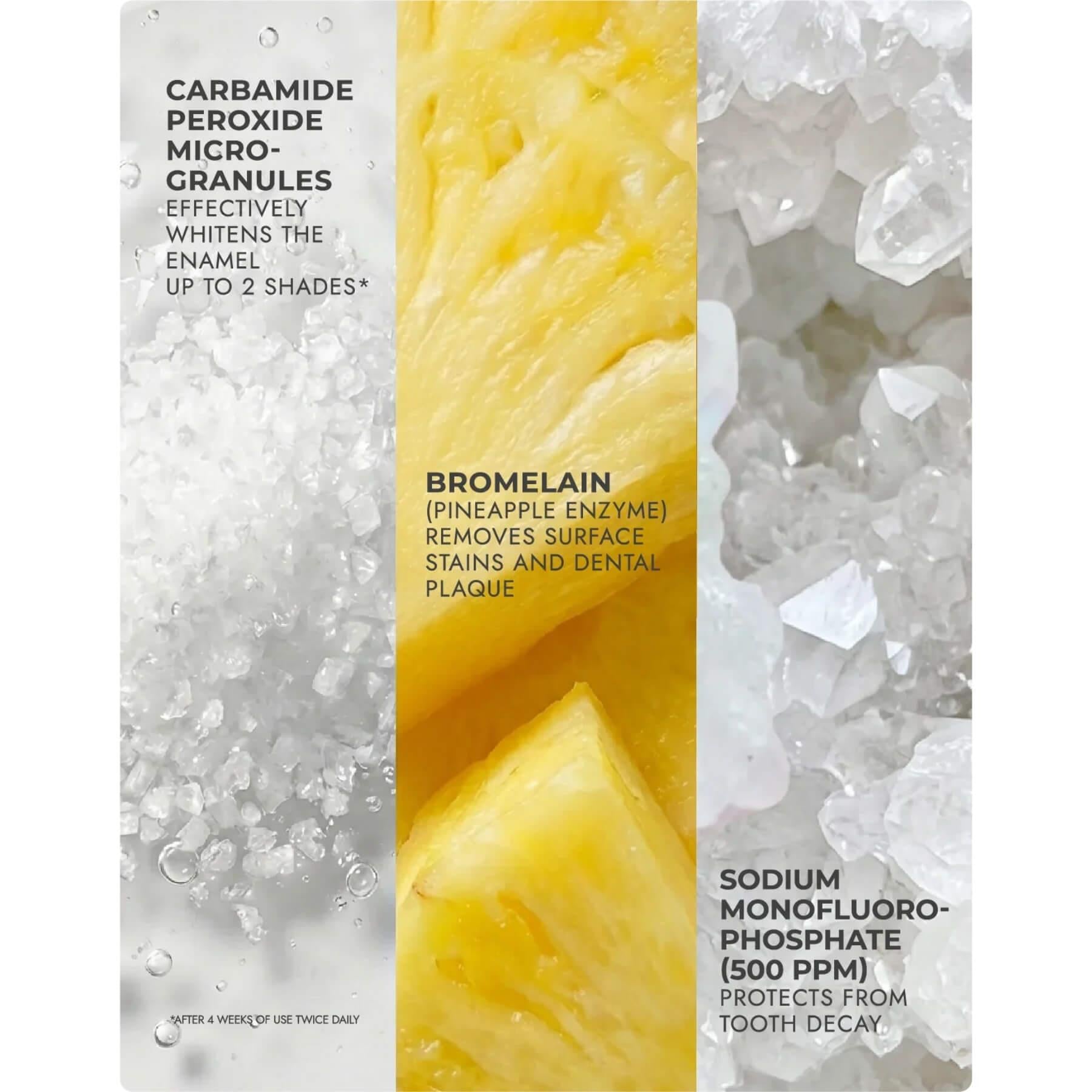 A dental whitening product package with a vertical triptych design: white crystal-like texture on the left, a yellow pineapple slice in the center, and more white crystals on the right. Black text reads 'CARBAMIDE PEROXIDE MICRO-GRANULES', 'BROMELAIN (PINEAPPLE ENZYMES)', and 'SODIUM MONOFLUORO-phosphate (500 PPM)'.
