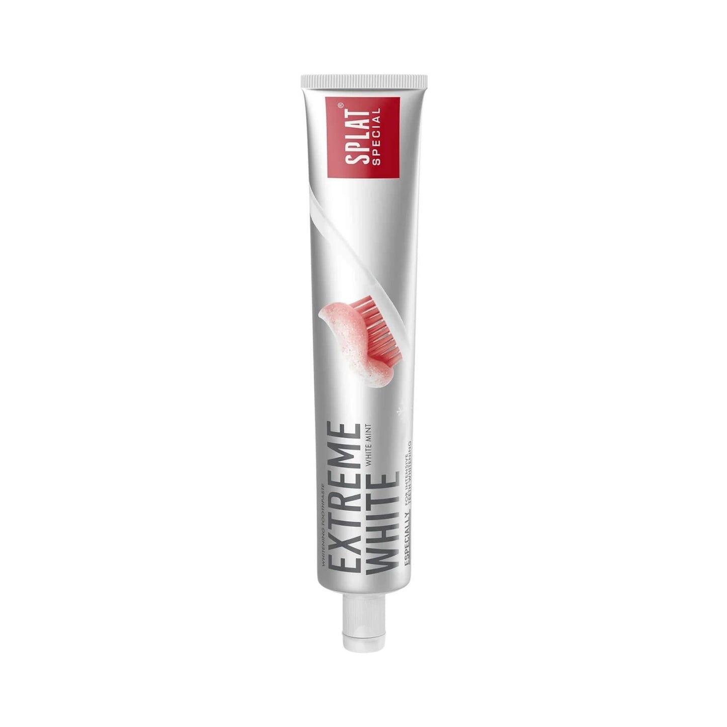A tube of Splat Special Extreme White toothpaste on a solid white background.
