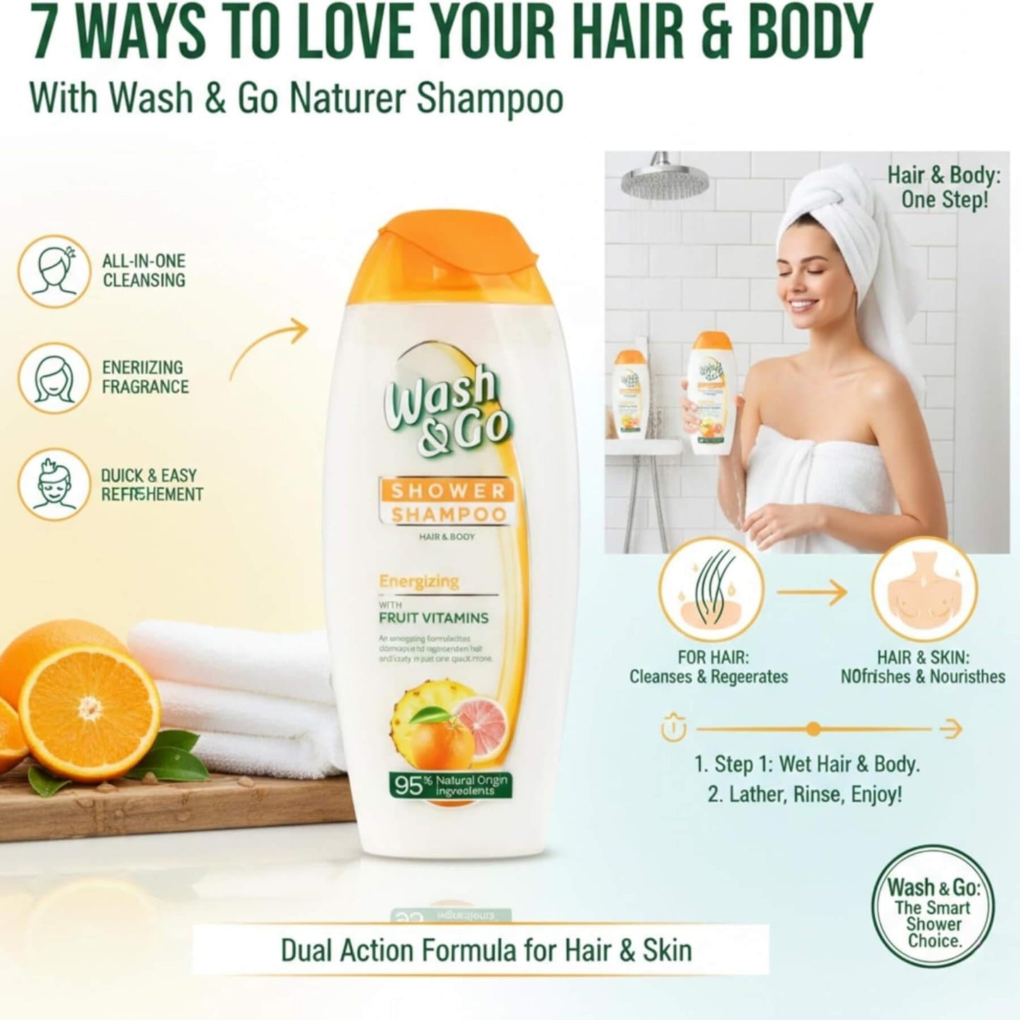 Wash & Go Hair And Body Shower Shampoo - Energising - 250ml