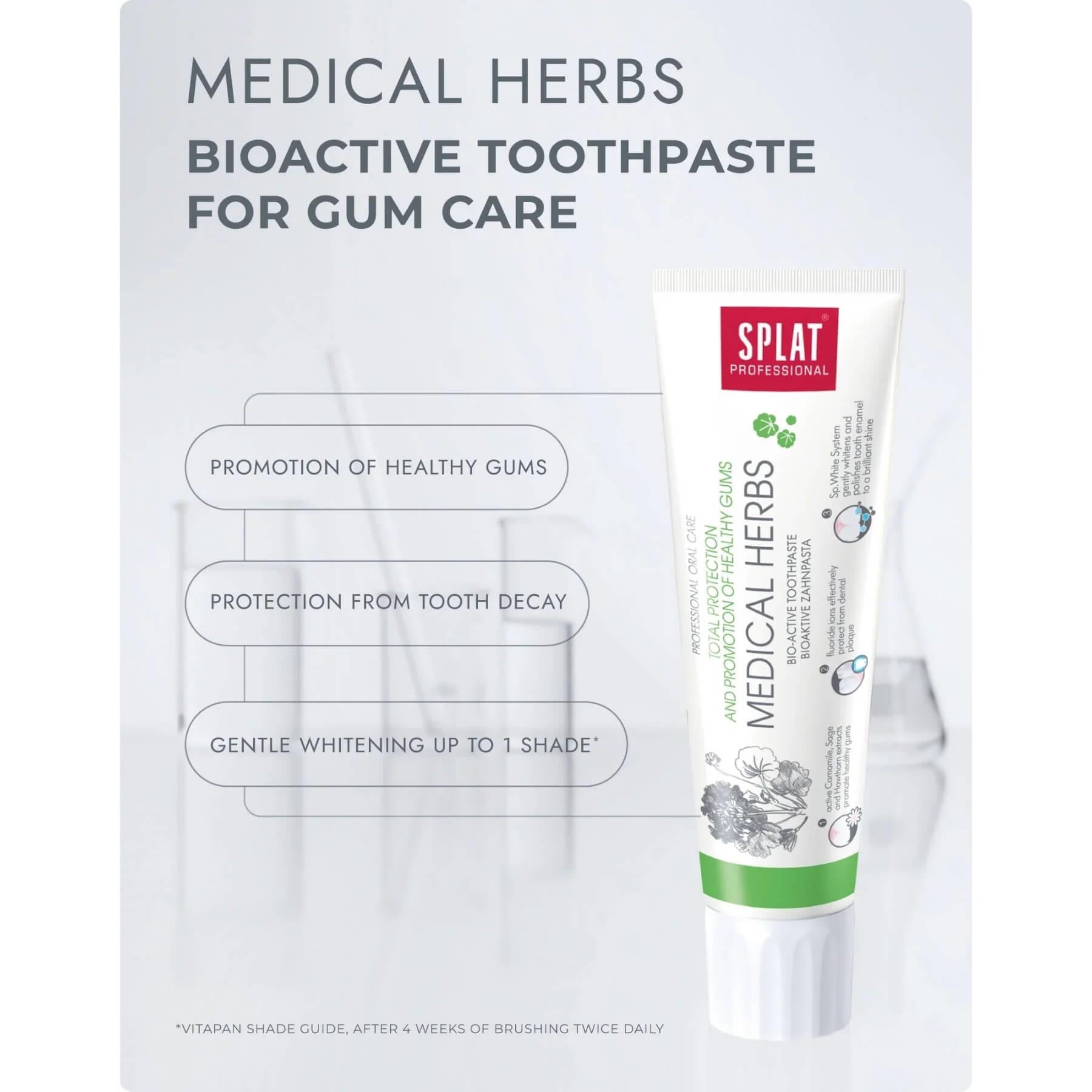 A tube of Splat Professional Medical Herbs Bioactive Toothpaste for Gum Care, shown on a light gray promotional background with text highlighting benefits for healthy gums and tooth decay protection.