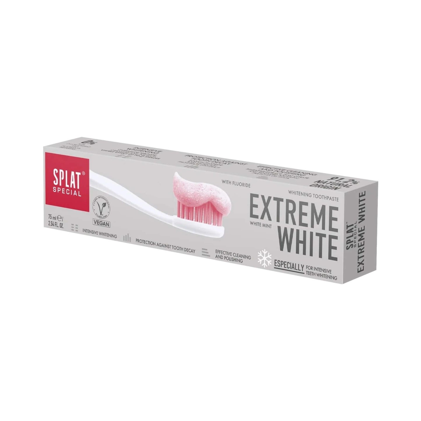 Splat Special Extreme White Toothpaste packaging box, 75 ml size, featuring a white and red design with a pink toothbrush graphic.