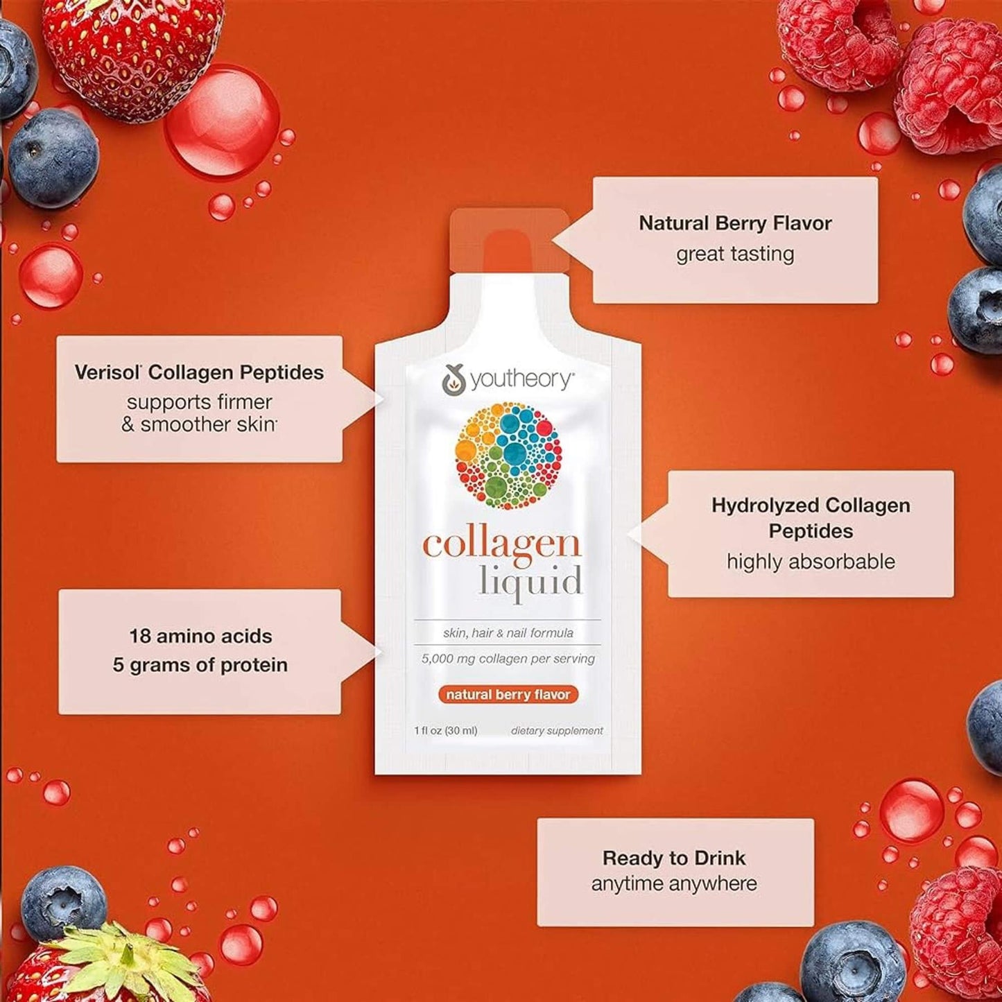Youtheory Berry Flavour Collagen Liquid - 30 Pack