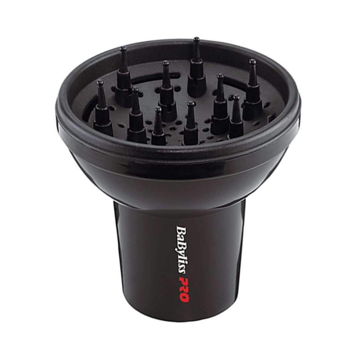 A black Babyliss Pro hair diffuser attachment with multiple small nozzle tips on a clean white background.