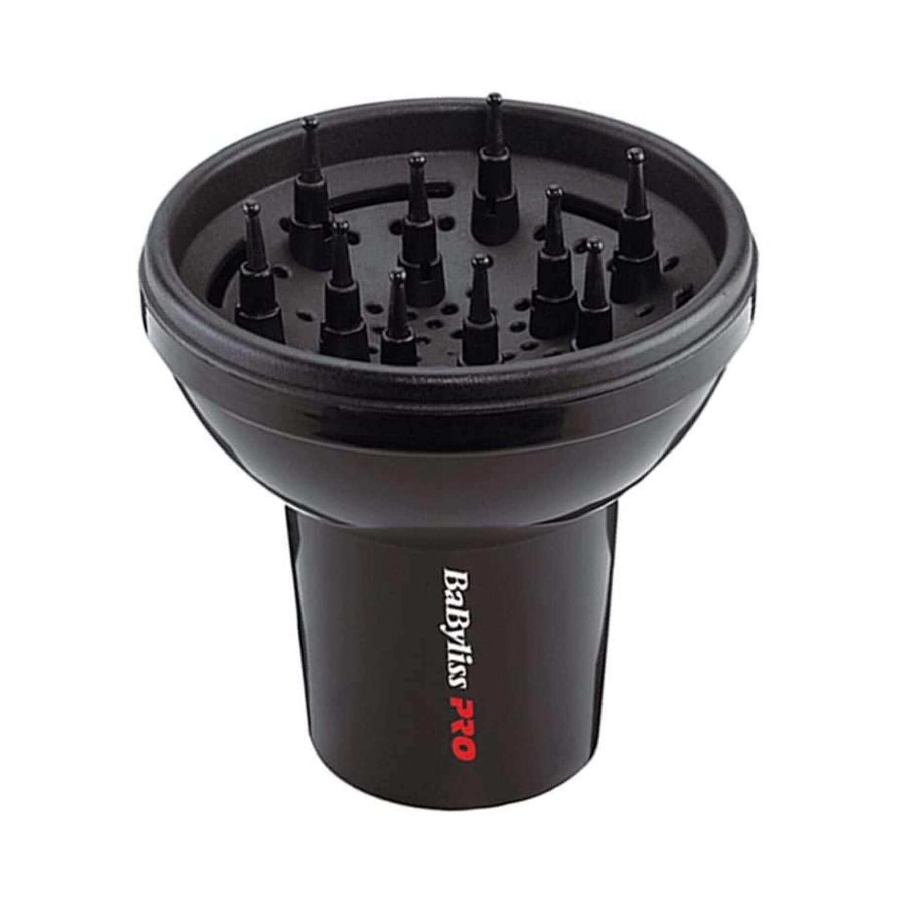 A black Babyliss Pro hair diffuser attachment with multiple small nozzle tips on a clean white background.