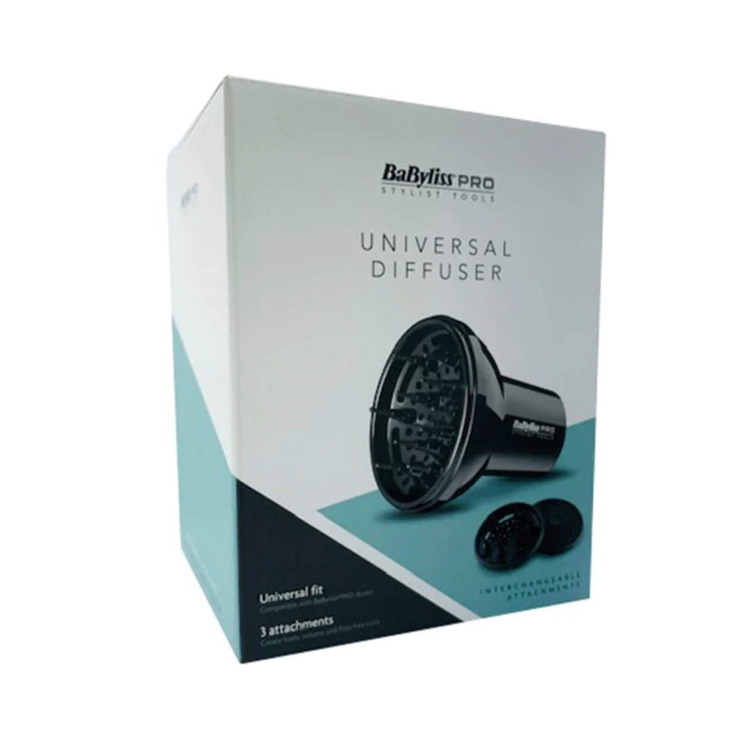 Babyfiss Pro Universal Diffuser retail packaging box, featuring a black diffuser attachment and two nozzle attachments printed on the front, set against a plain white background.