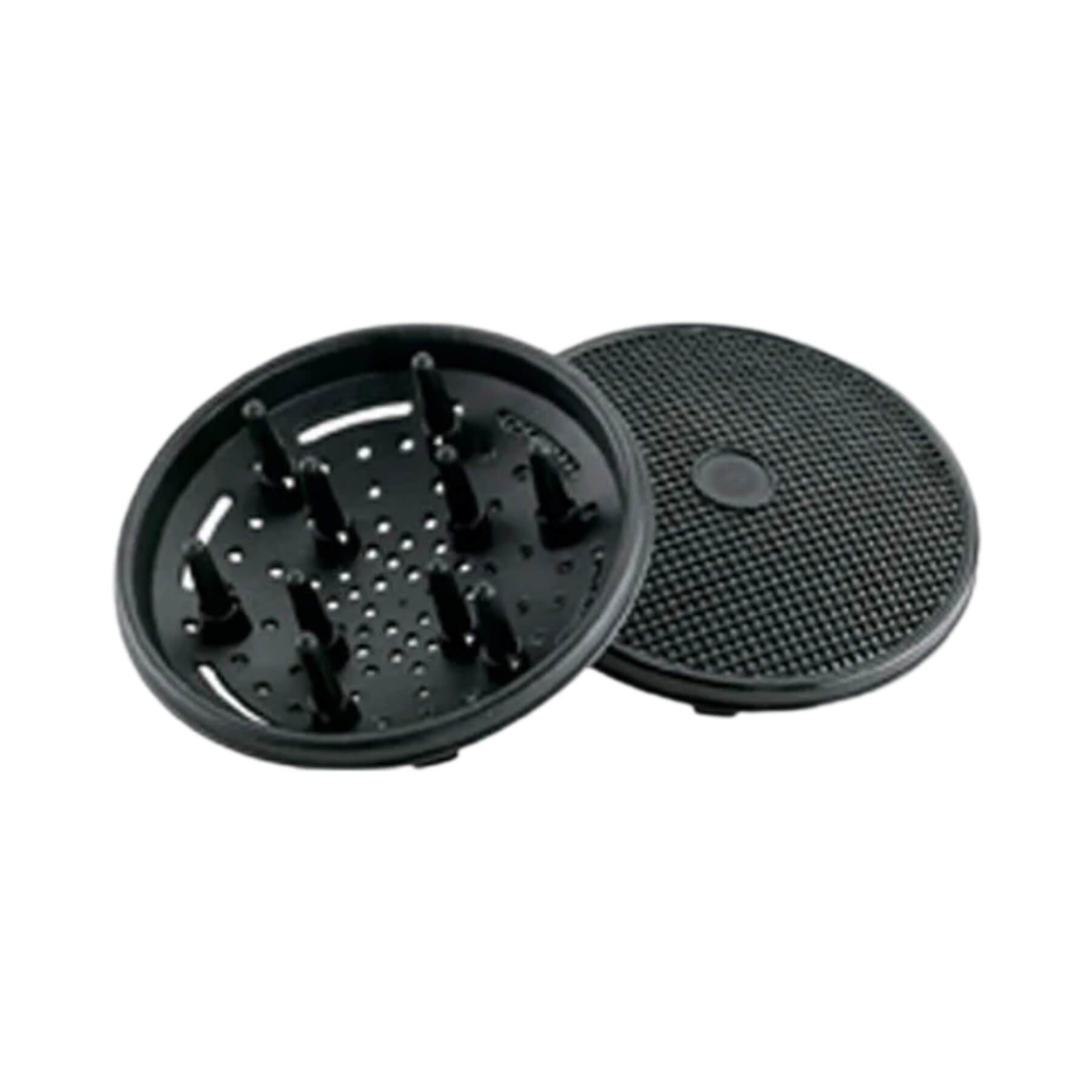 Two black round plastic filter or strainer components, one showing raised drainage holes and the other showing a textured mesh-like surface, on a plain white background.