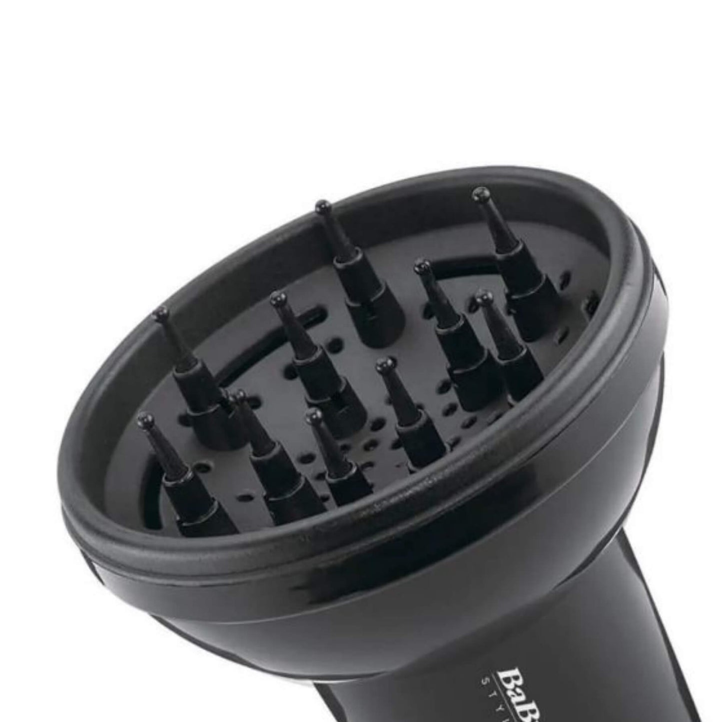 Black hair dryer diffuser attachment with multiple nozzle tips, shown on a white background. The barrel of the dryer is visible with the partial white text 'BaR.