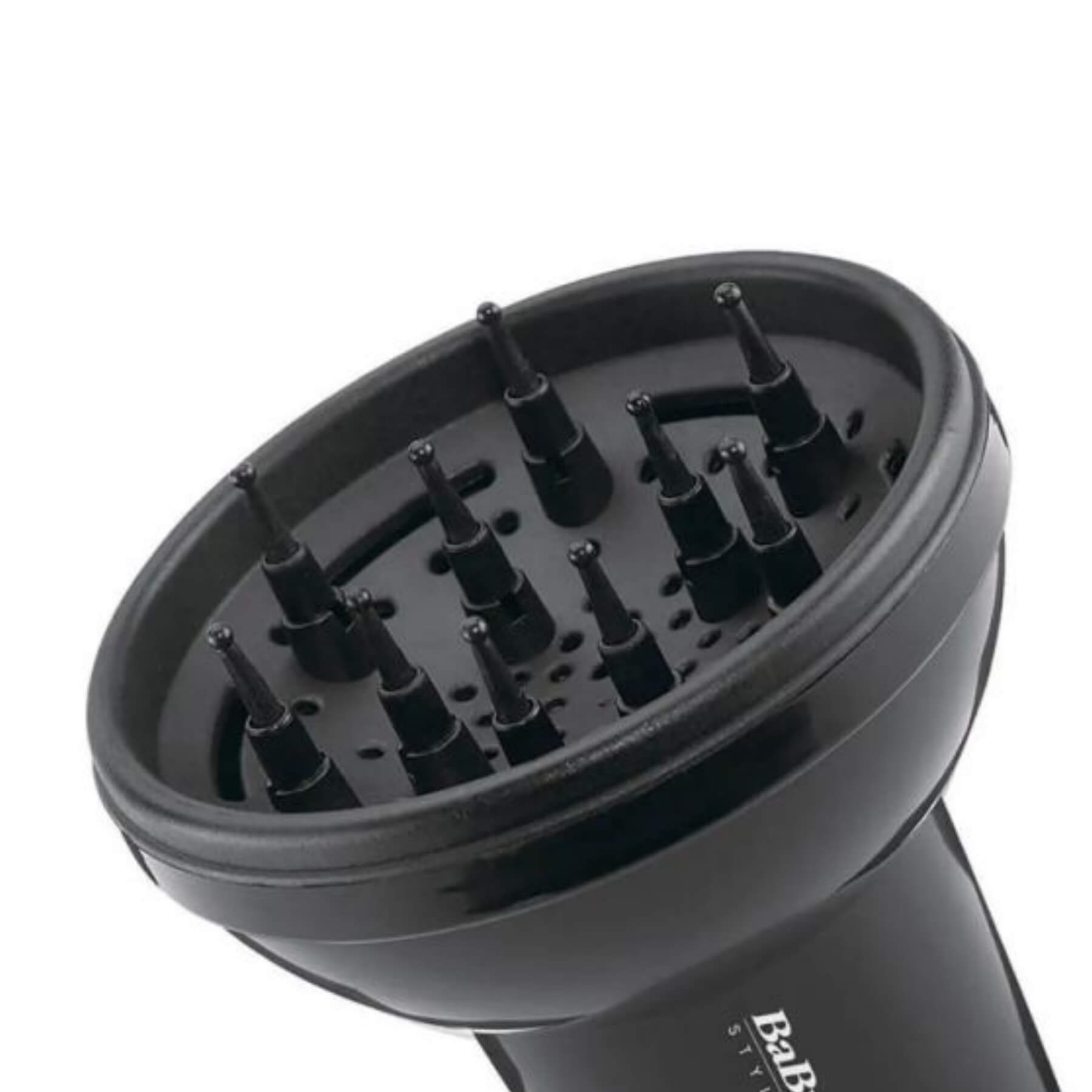 Black hair dryer diffuser attachment with multiple nozzle tips, shown on a white background. The barrel of the dryer is visible with the partial white text 'BaR.