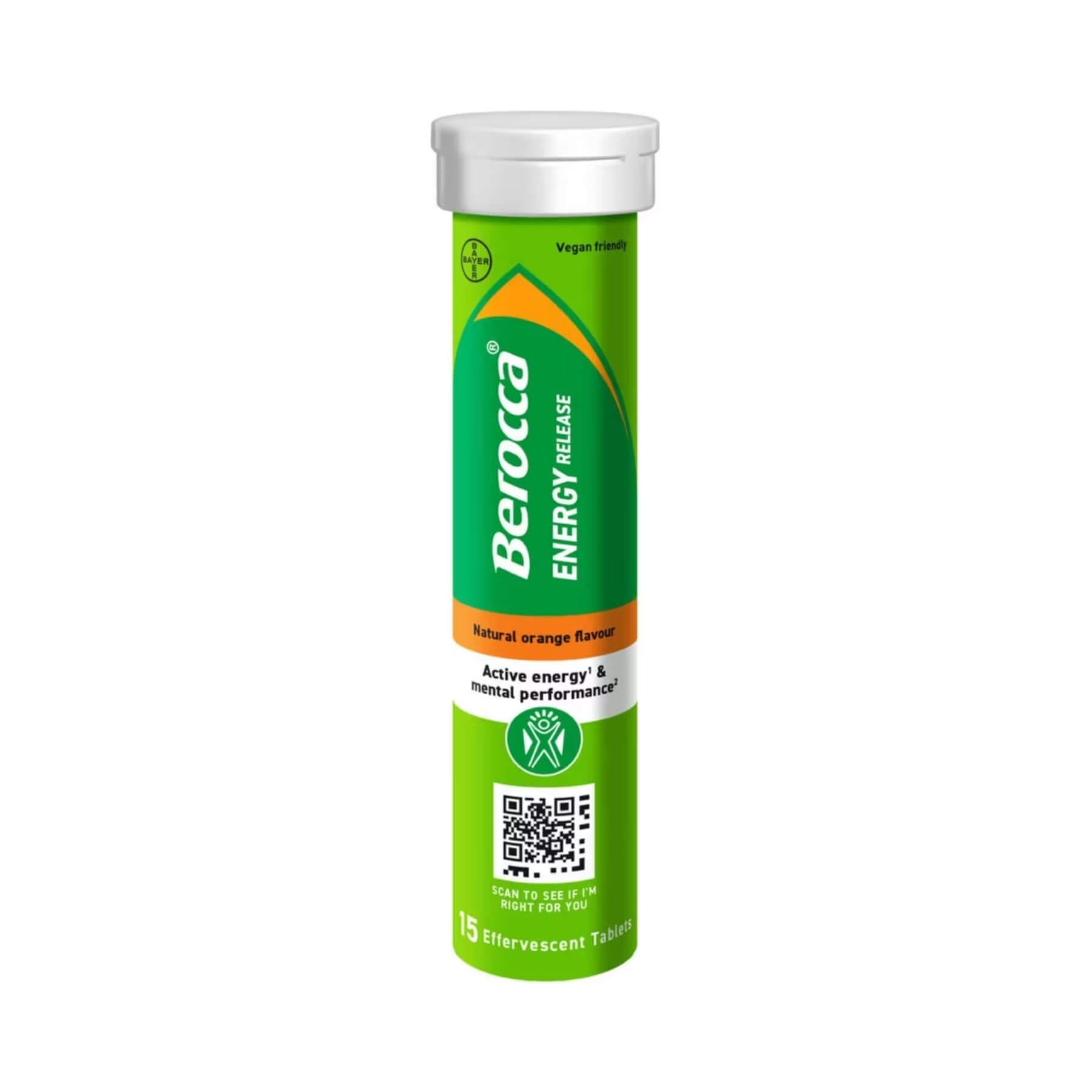 A single tube of Berocca Energy Release tablets on a plain white background. The tube is primarily green with a white cap and features orange and white text, along with a QR code near the bottom.