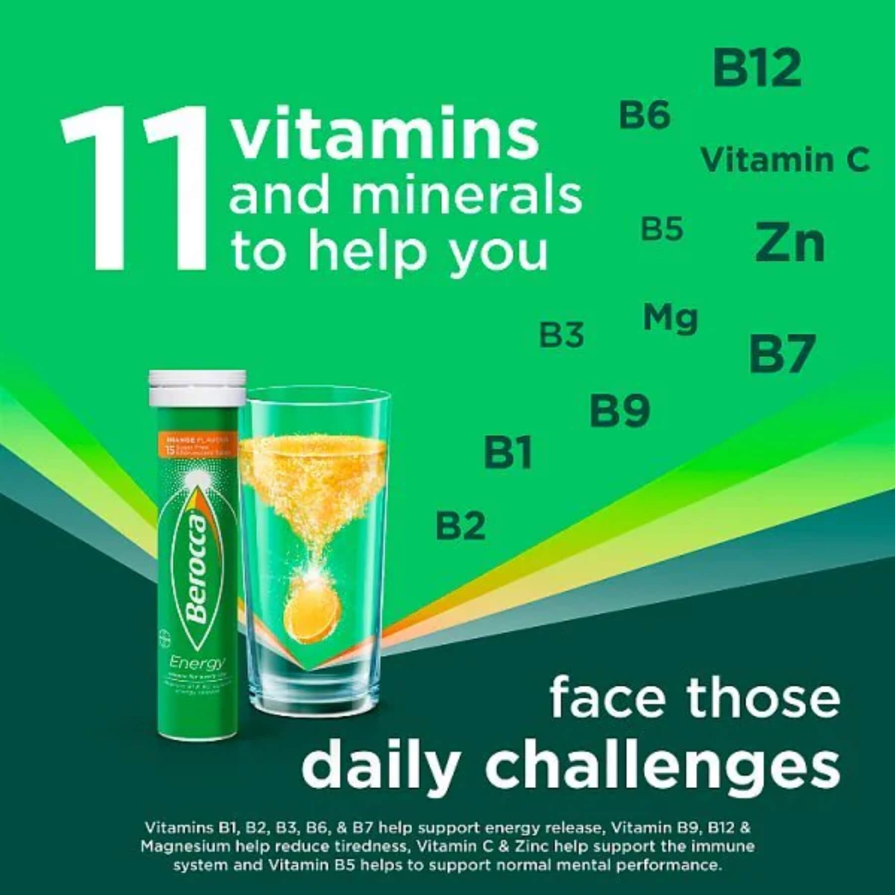 Promotional graphic for Betorca Energy vitamins and minerals, showing a green Betorca tube and a glass of orange juice on a bright green background with text listing 11 vitamins and minerals.