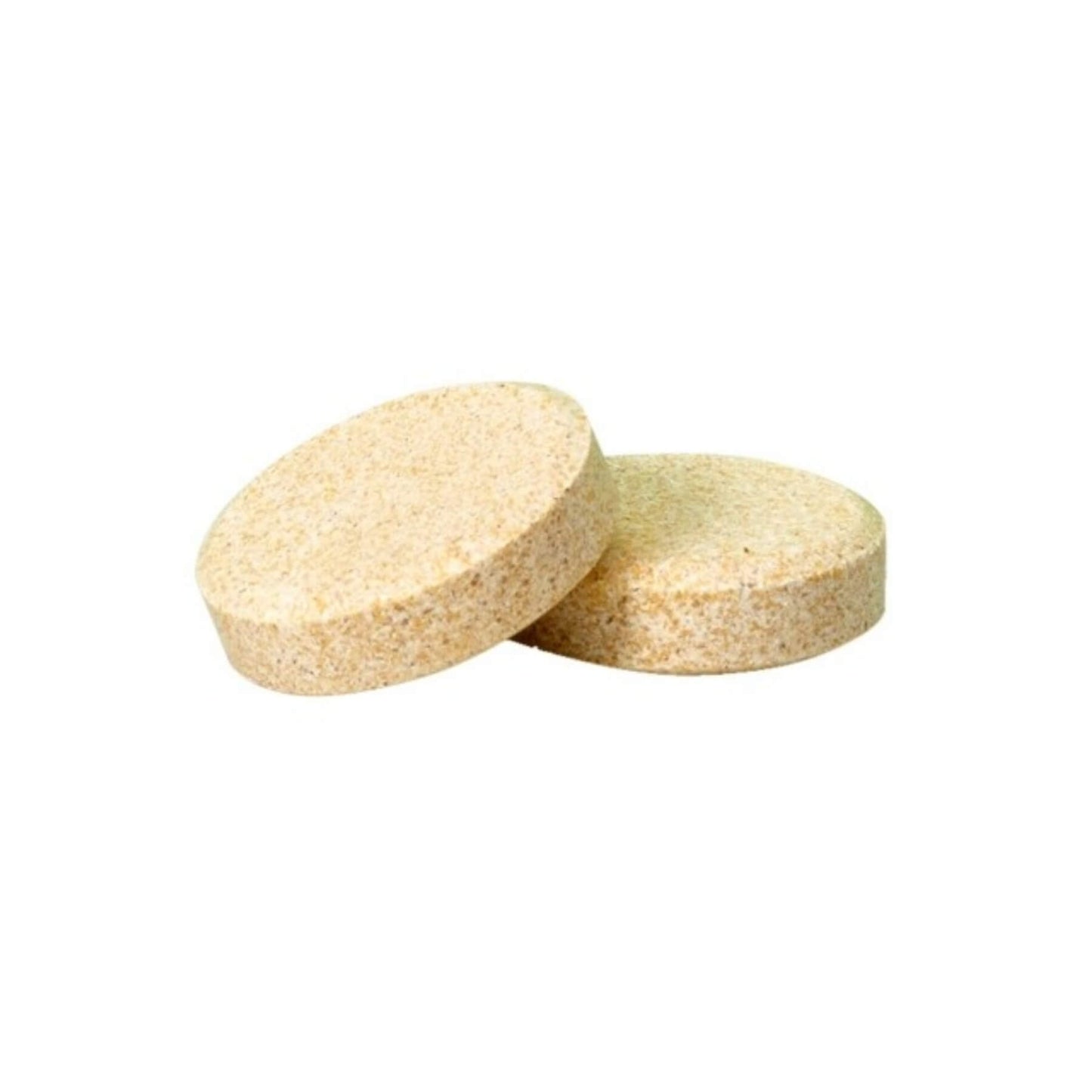 Two round beige herbal supplement tablets with a textured, granular surface, shown overlapping on a plain white background.