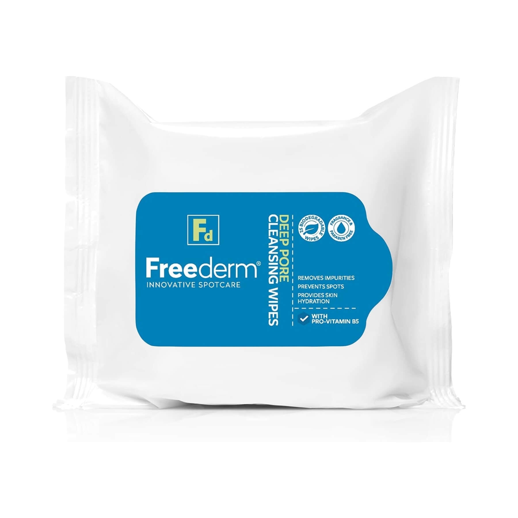 A package of Freederm Deep Pore Cleansing Wipes, featuring white wipes inside a clear plastic bag with a prominent blue label on the front.