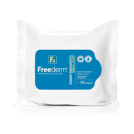 A package of Freederm Deep Pore Cleansing Wipes, featuring white wipes inside a clear plastic bag with a prominent blue label on the front.