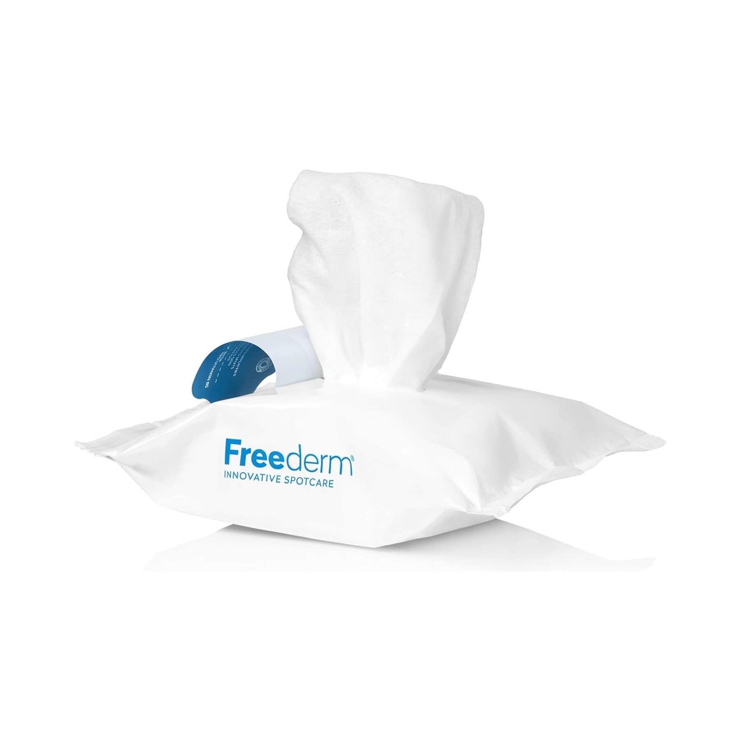 A pack of Freederm spot care wipes with a white tissue pulled from the top, set against a clean white background.