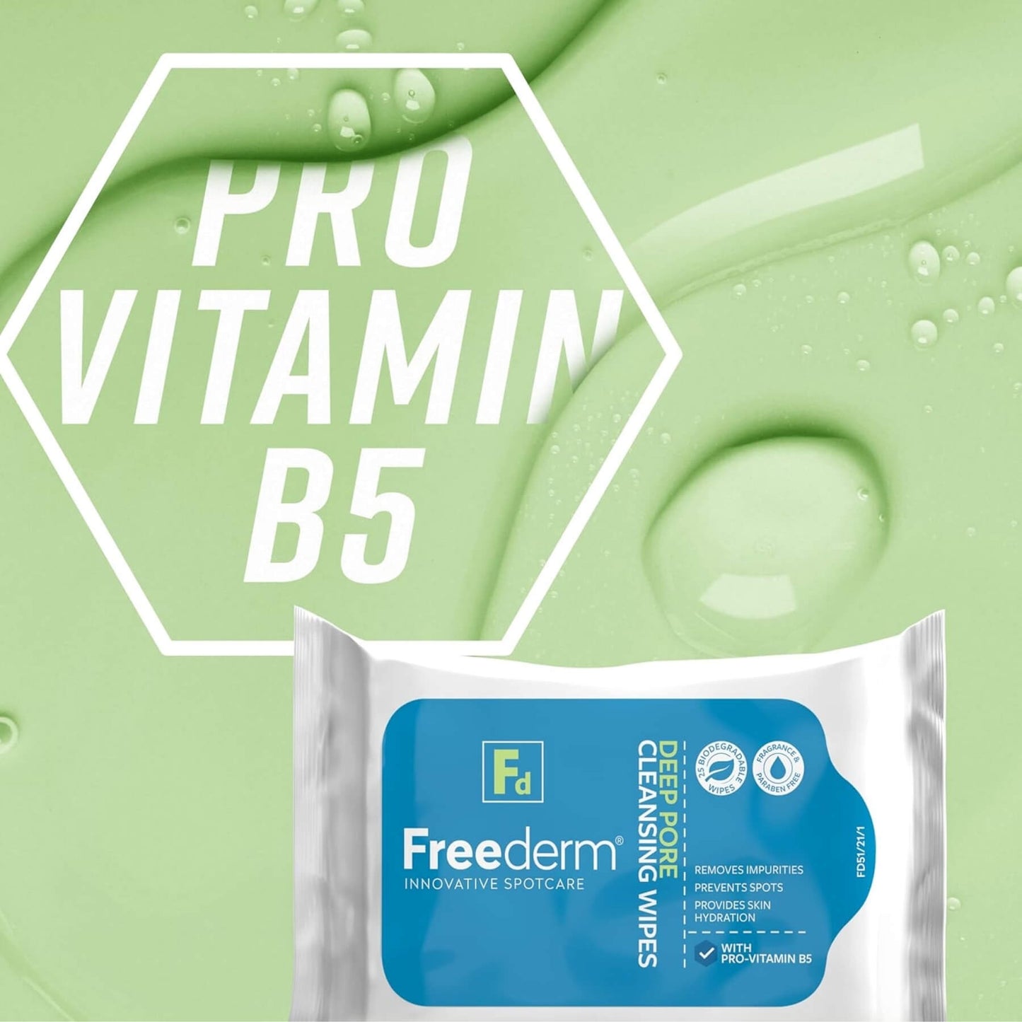 A package of Freederm Pro Vitamin B5 deep cleansing wipes shown against a light green background with a water droplet graphic and a white hexagonal text overlay.