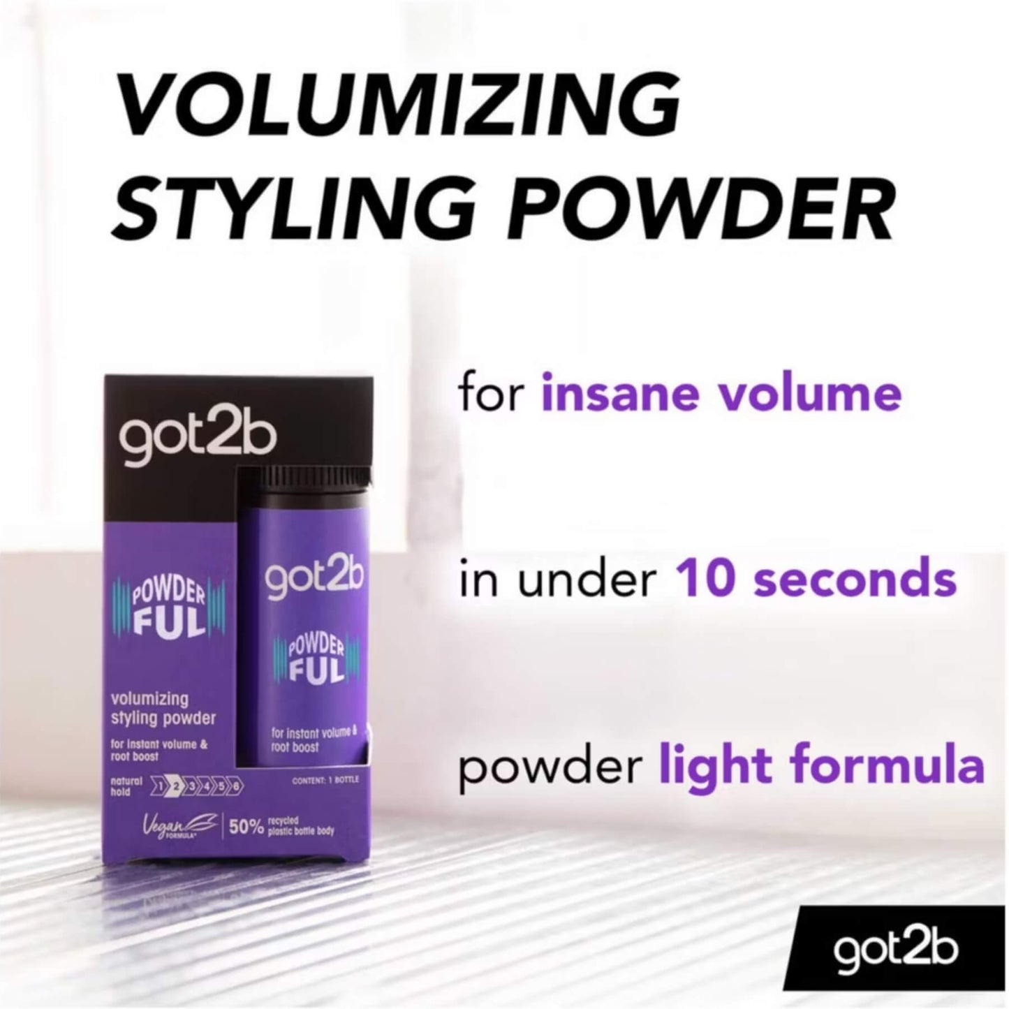 got2b volumizing styling powder packaging with text on a white background