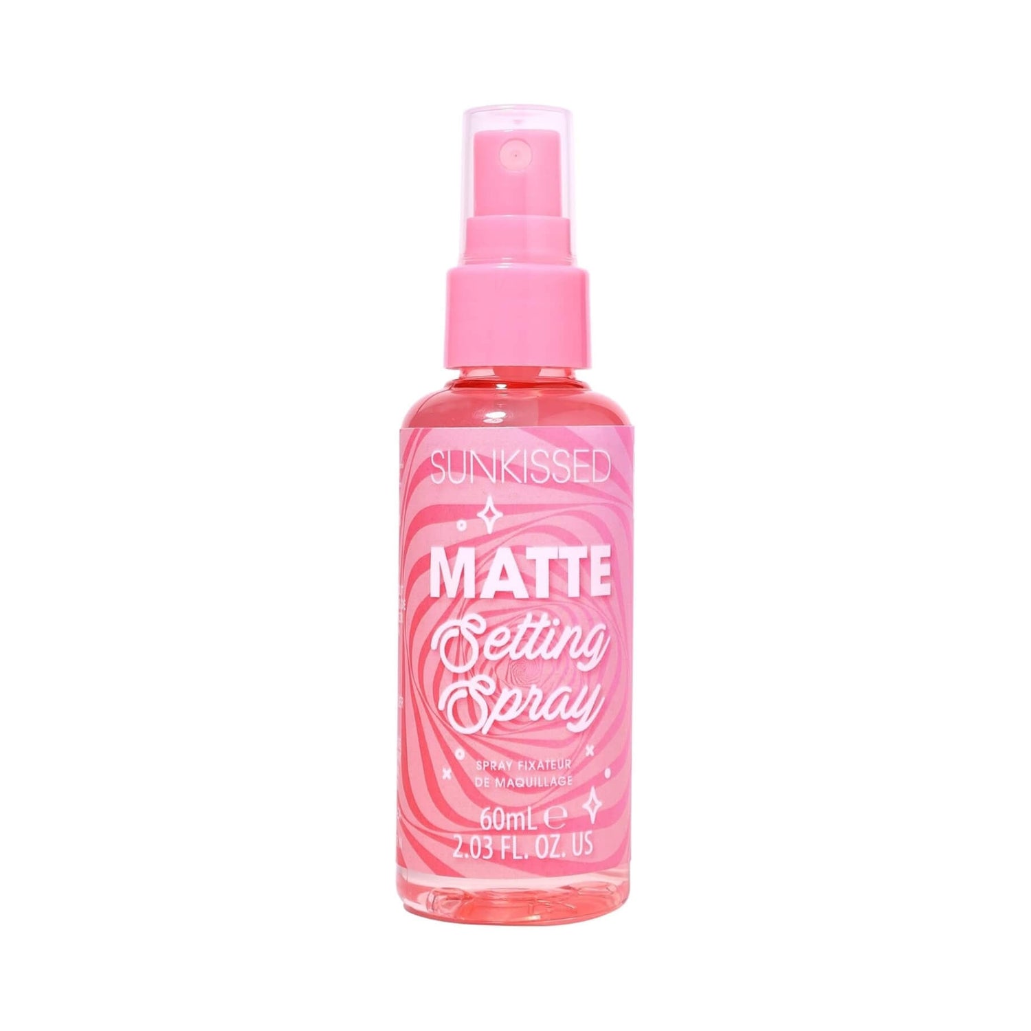 A pink spray bottle of Sunkisged Matte Setting Spray, 60ml, on a solid white background.