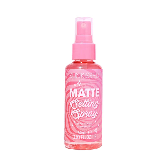 A pink spray bottle of Sunkisged Matte Setting Spray, 60ml, on a solid white background.