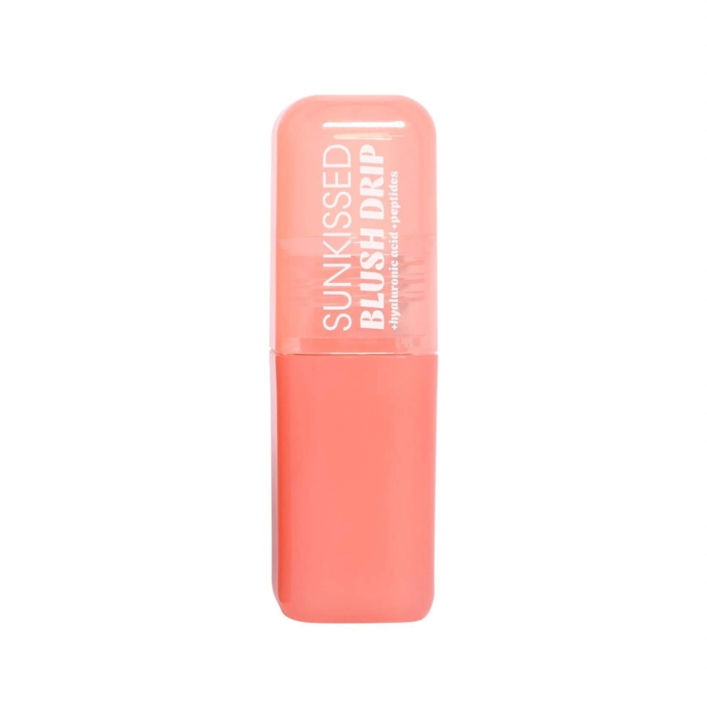 Coral-colored blush stick with 'Sunkissed Blush Drip' text on a white background
