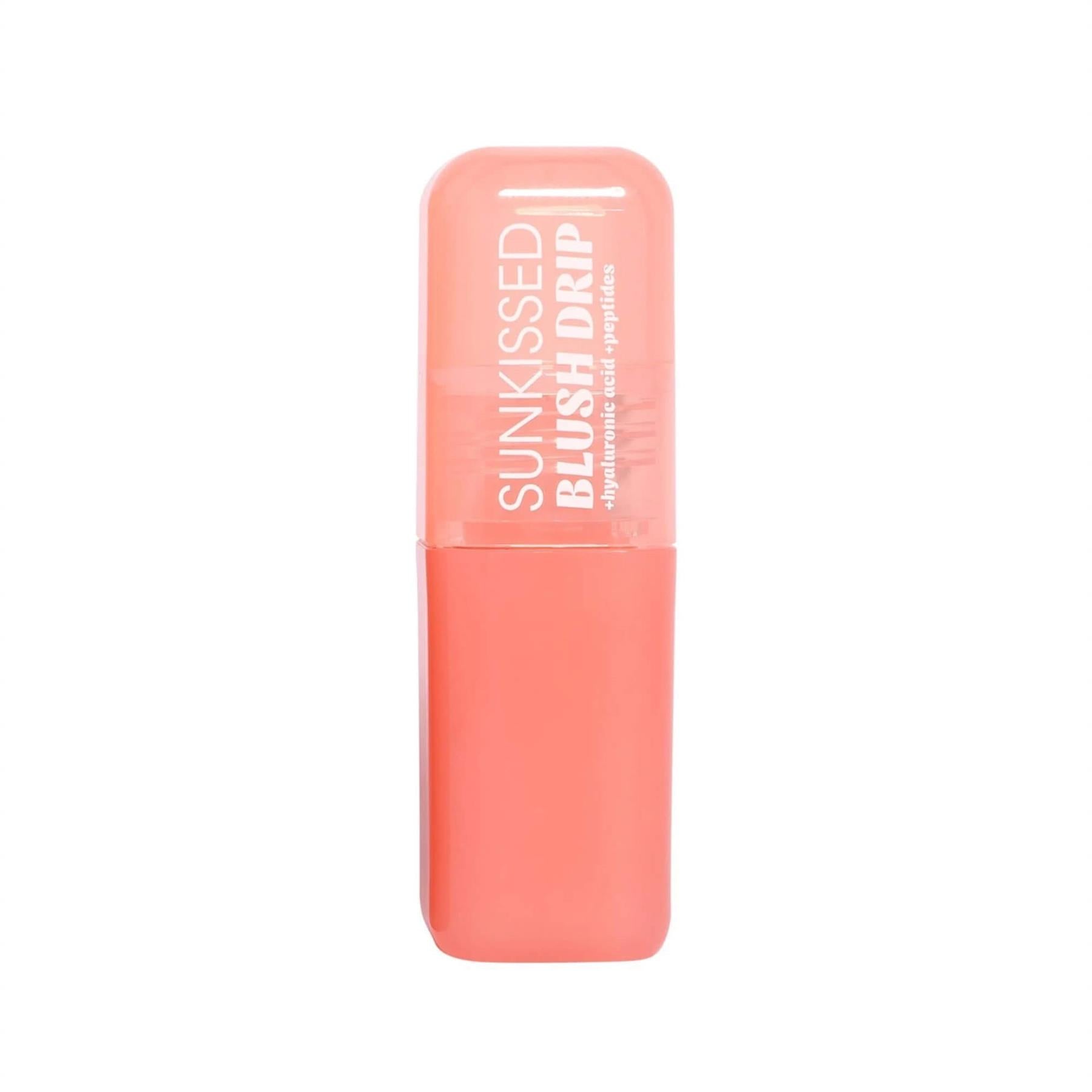 Coral-colored blush stick with 'Sunkissed Blush Drip' text on a white background