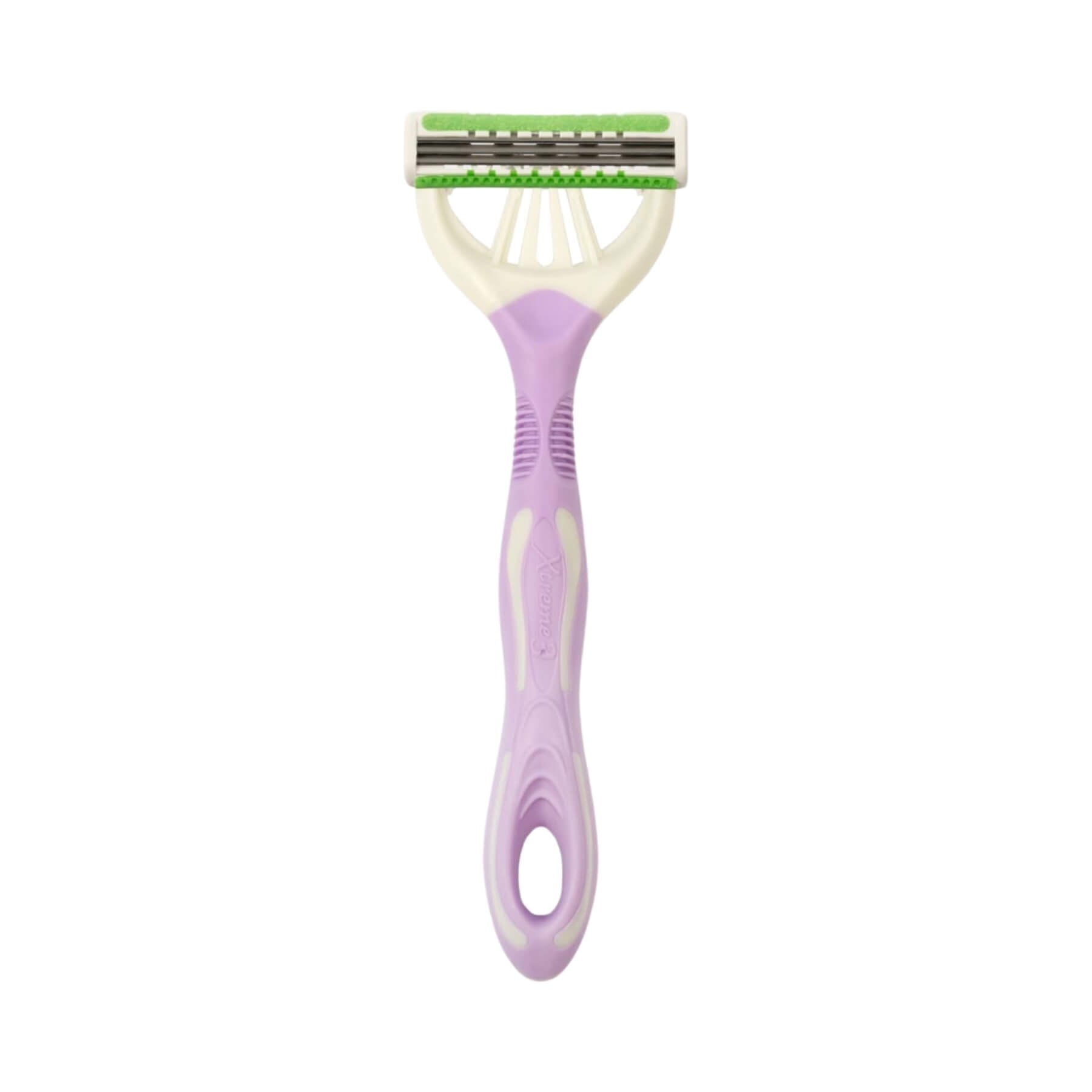 A women's body razor with a lavender purple handle, white plastic head, and green and silver blades, shown against a plain white background.