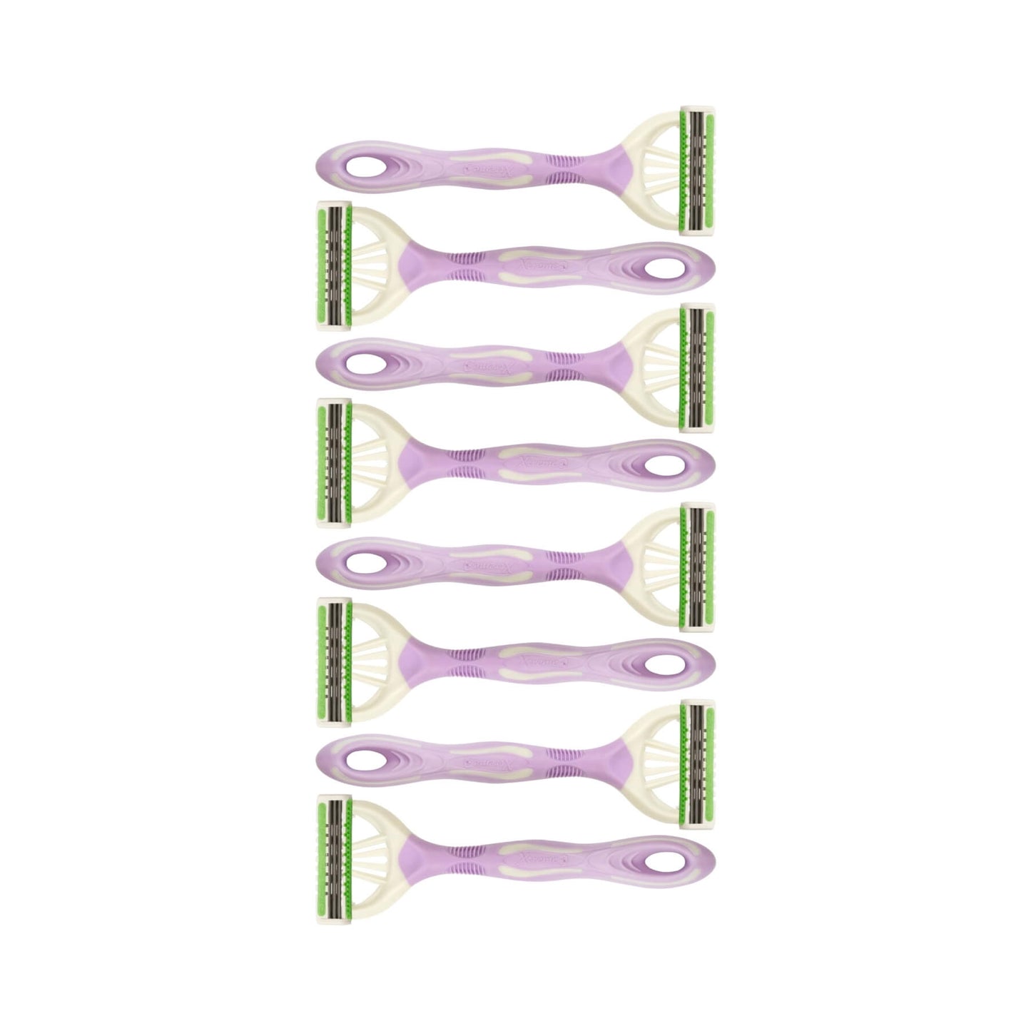 Six reusable plastic dual-sided razors arranged vertically on a plain white background. The handles are translucent lavender purple, and the blades feature off-white plastic with green and black striped detailing.