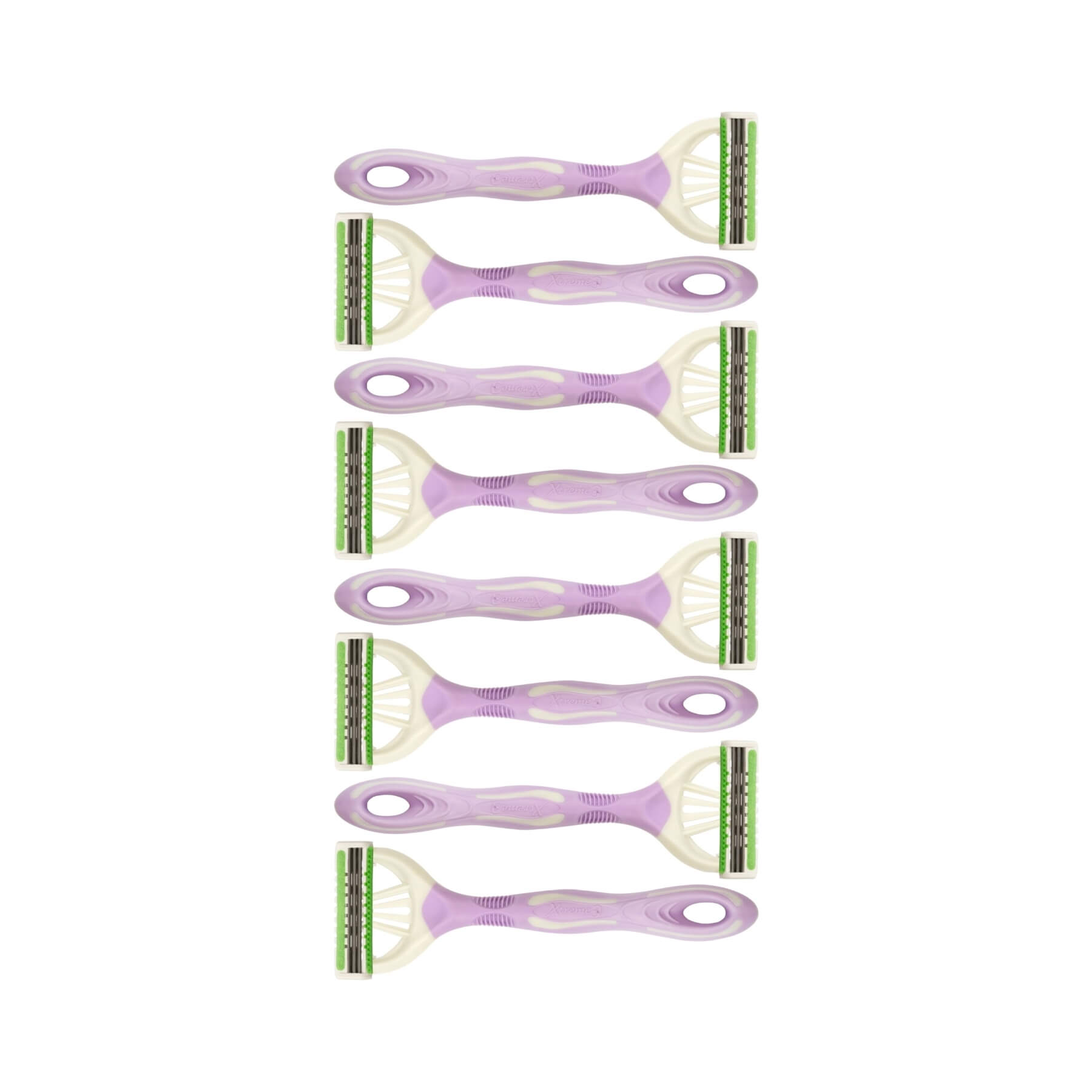 Six reusable plastic dual-sided razors arranged vertically on a plain white background. The handles are translucent lavender purple, and the blades feature off-white plastic with green and black striped detailing.