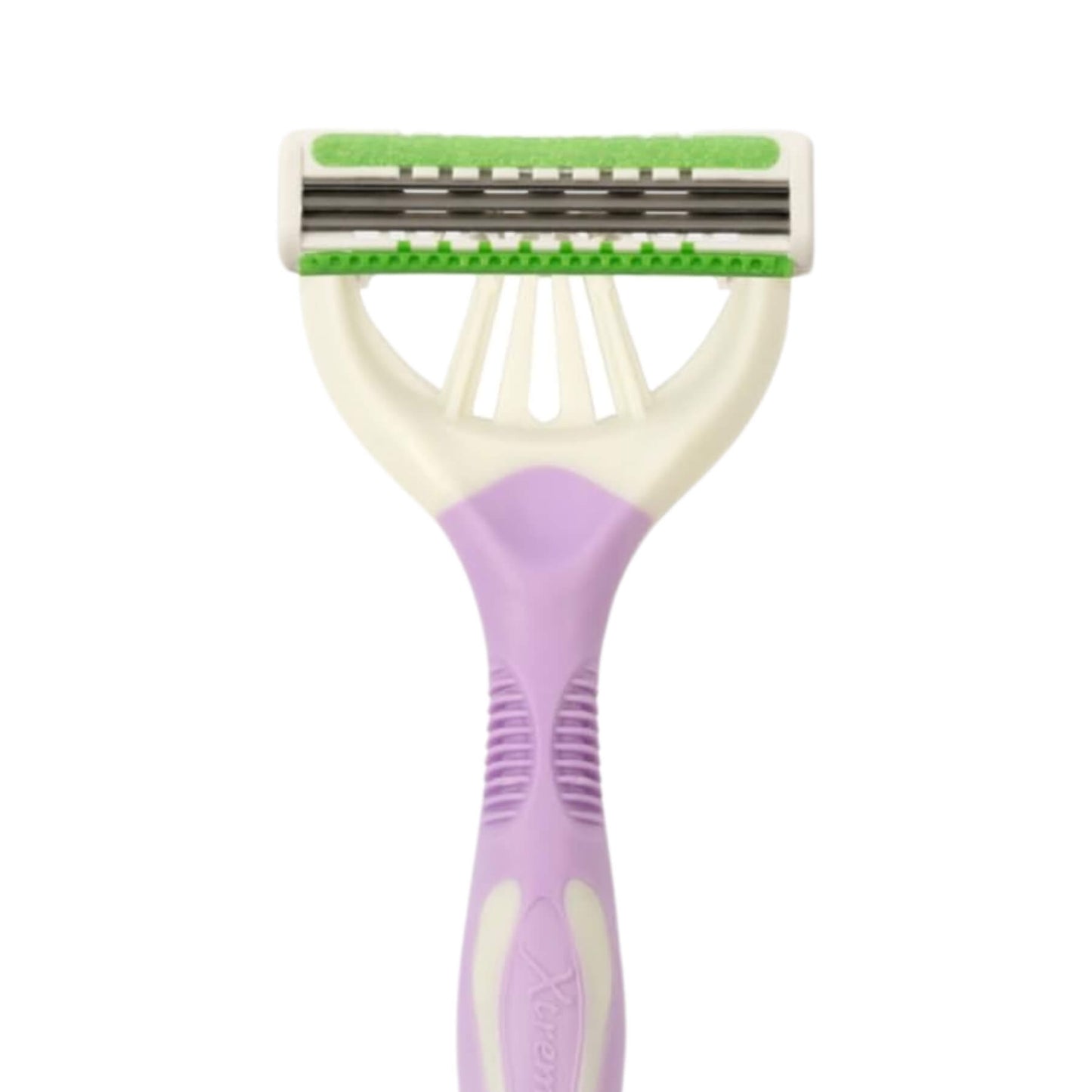 A double-sided manual body razor with a lavender purple handle, cream plastic frame, and green and white protective trim on the blades, shown against a plain white background.