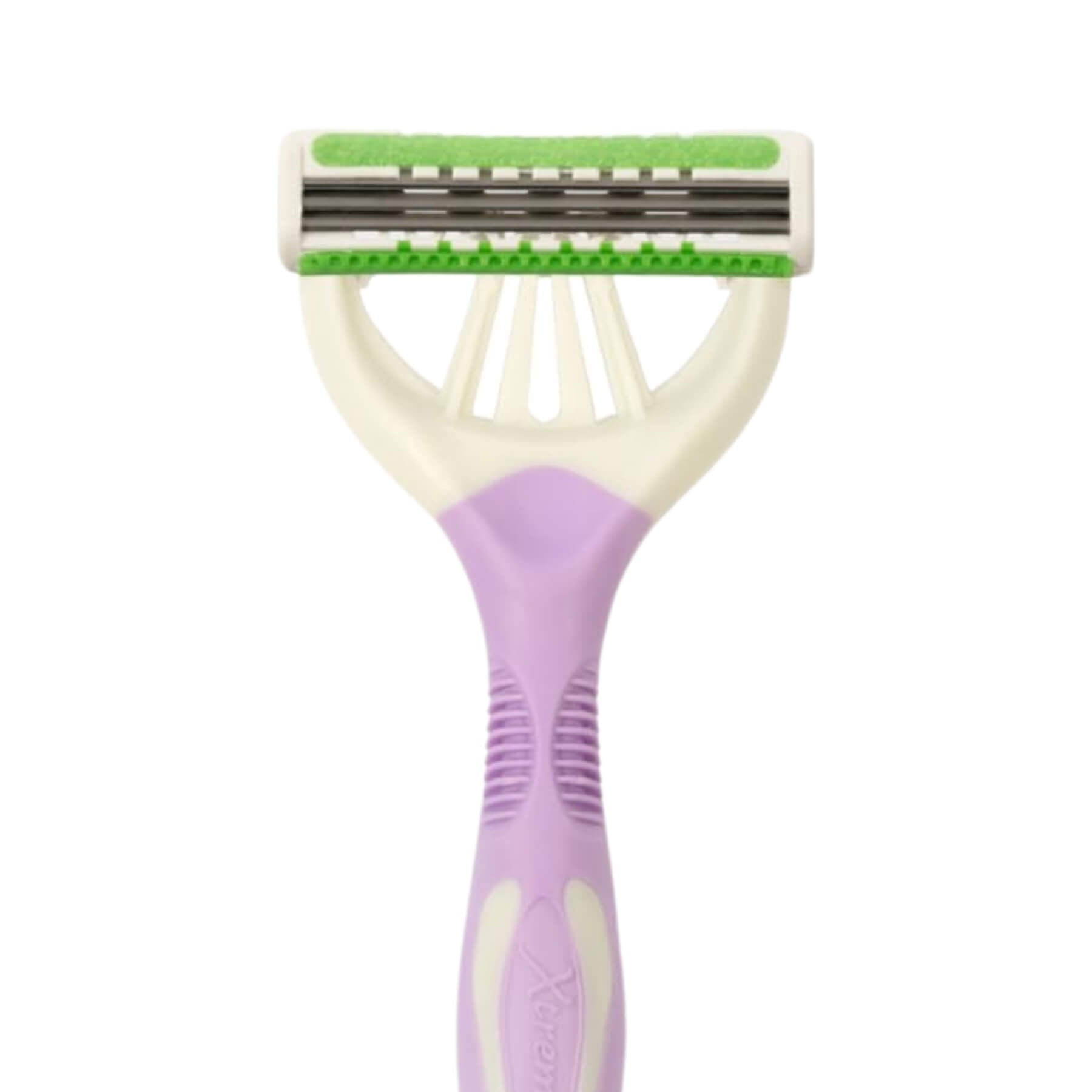 A double-sided manual body razor with a lavender purple handle, cream plastic frame, and green and white protective trim on the blades, shown against a plain white background.