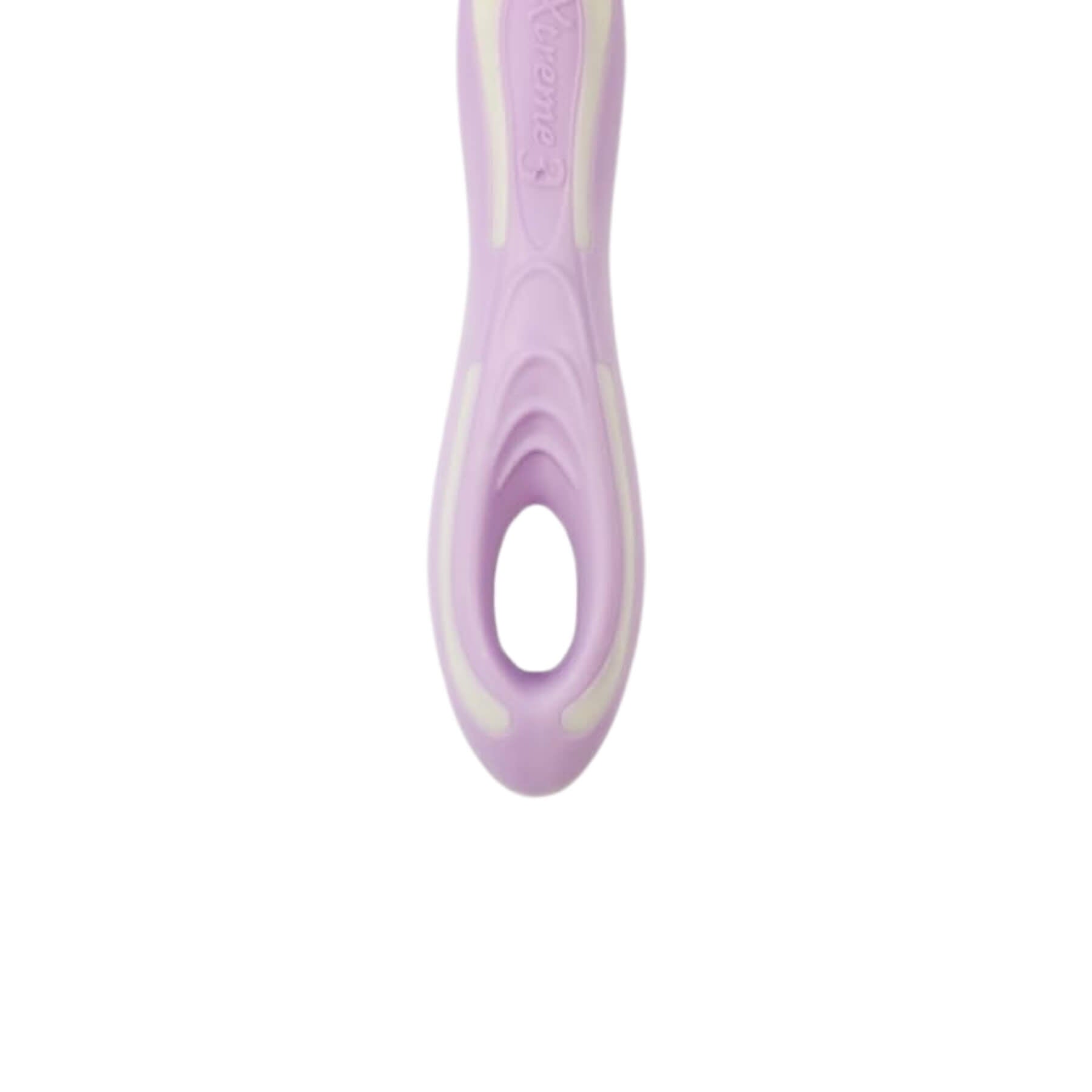A close-up of a lavender purple plastic ring handle with a textured grip and a debossed brand name that appears to read 'Karma'.