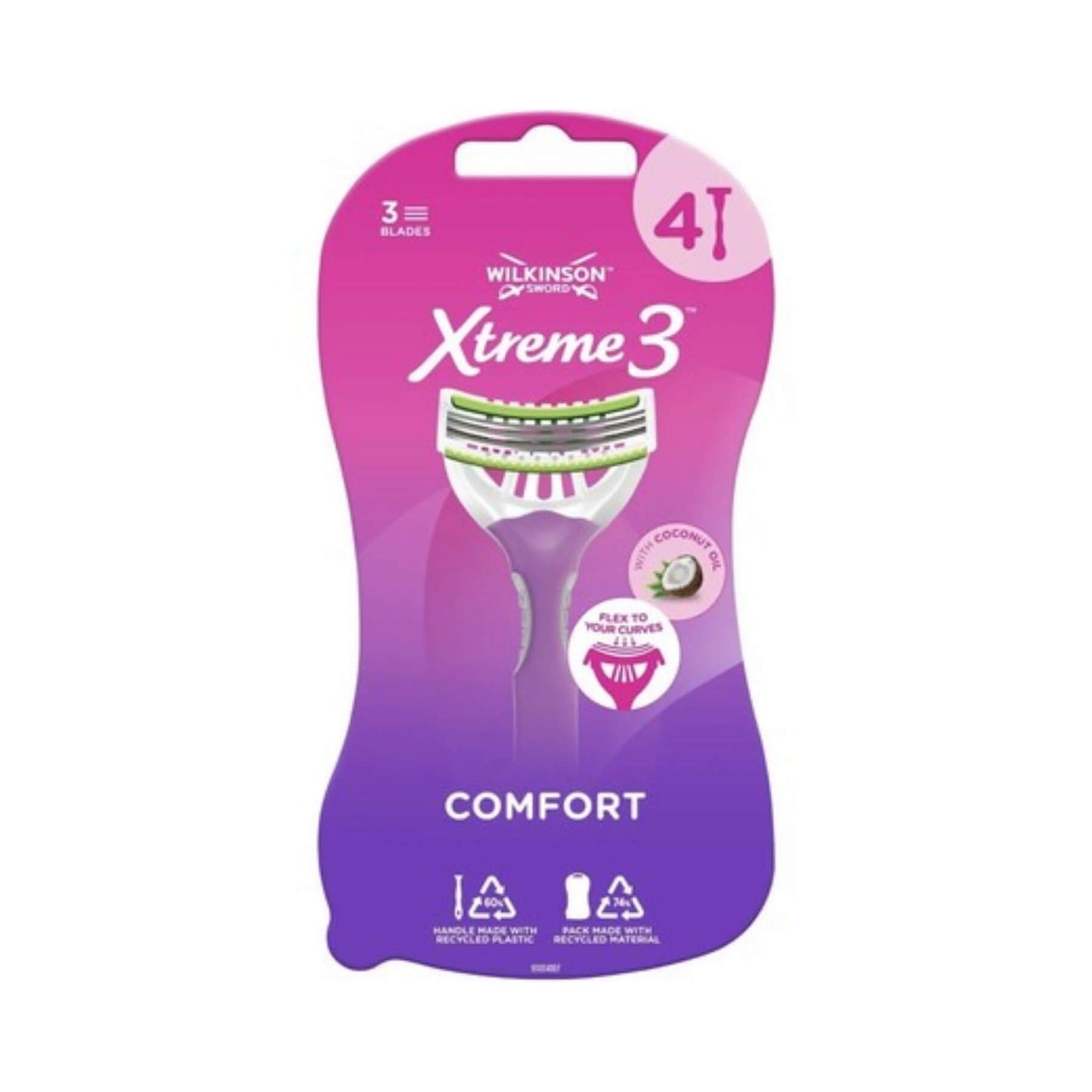 Wilkinson Xtreme 3 Comfort razors in a pink and purple blister pack, featuring a 4-blade version.