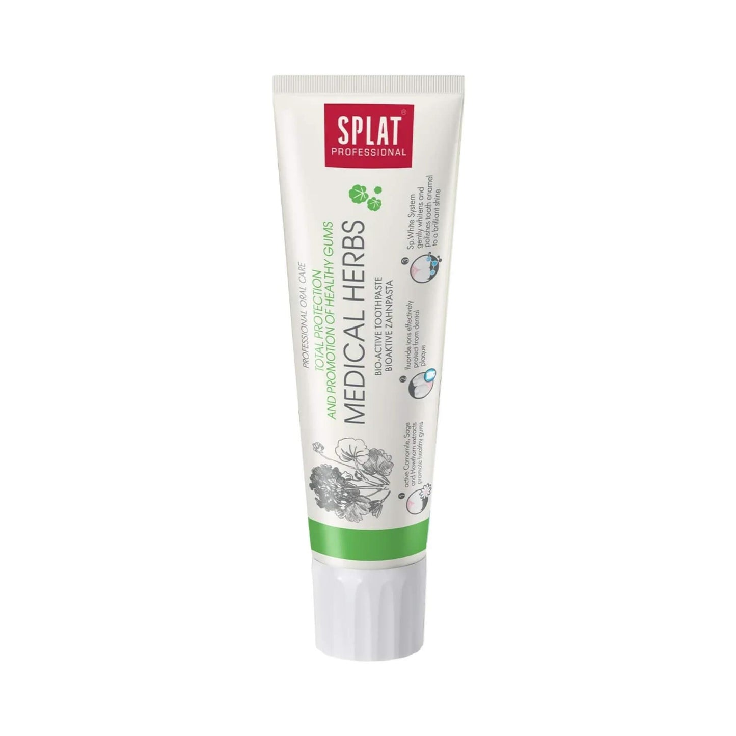 A tube of Splat Professional Medical Herbs personal care and healthy gums, featuring a white tube with green text, botanical illustrations, and a red brand logo on a white background.