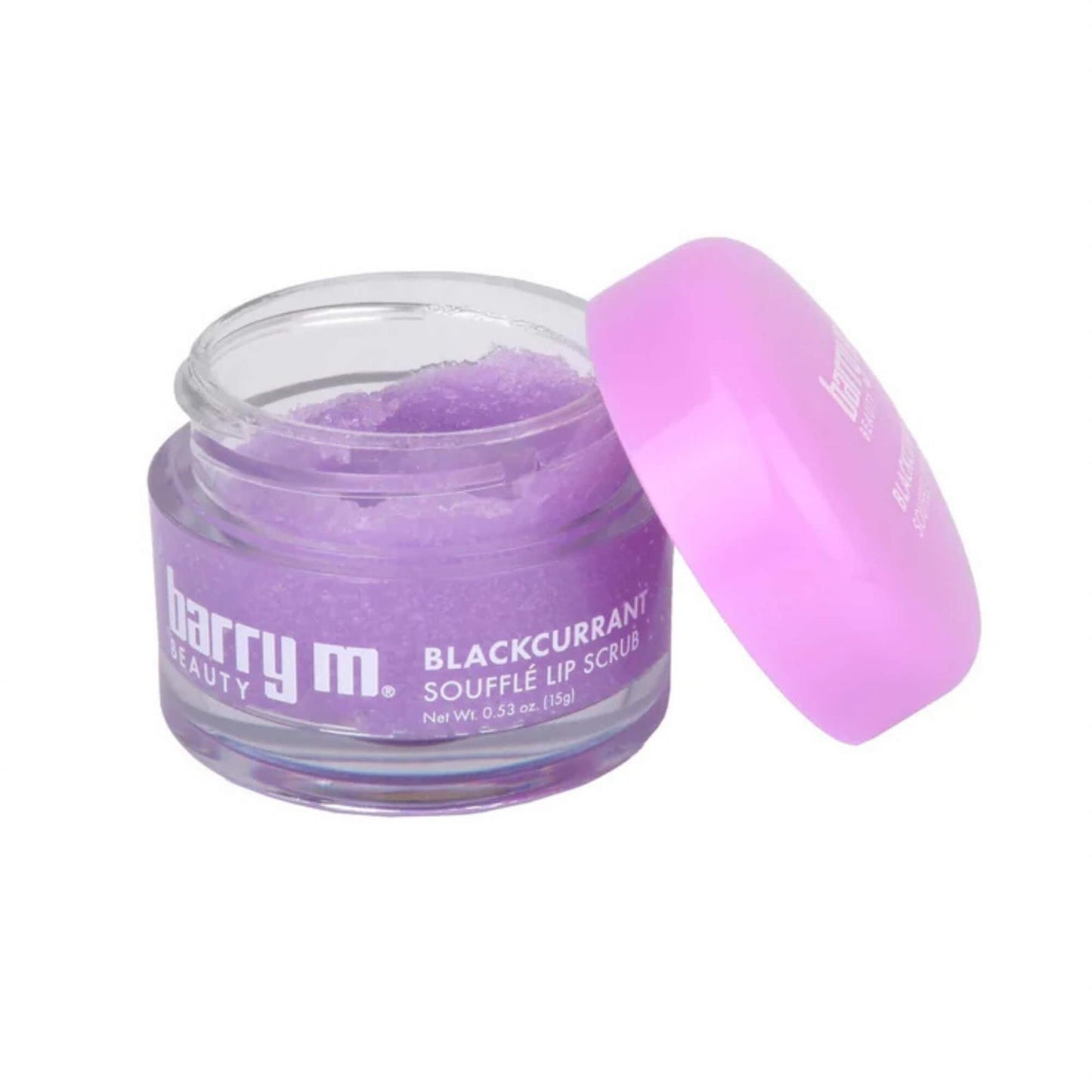 Barry M Blackcurrant Soufflé Lip Scrub 15g in a clear glass jar with a purple lid showing the sugary scrub texture