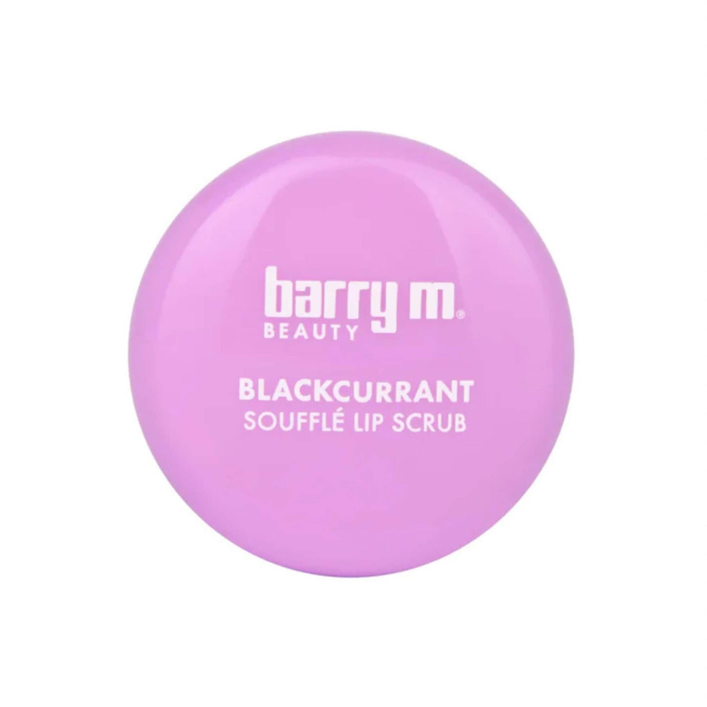 Top-down view of the purple lid for Barry M Blackcurrant Soufflé Lip Scrub with white brand lettering