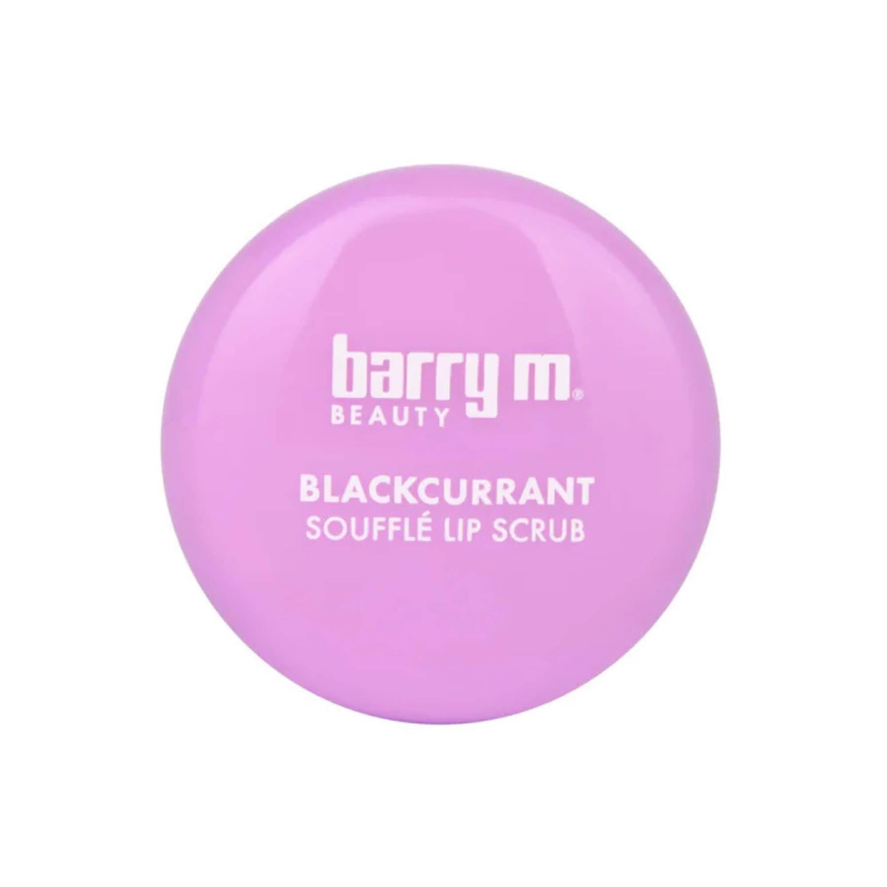 Top-down view of the purple lid for Barry M Blackcurrant Soufflé Lip Scrub with white brand lettering