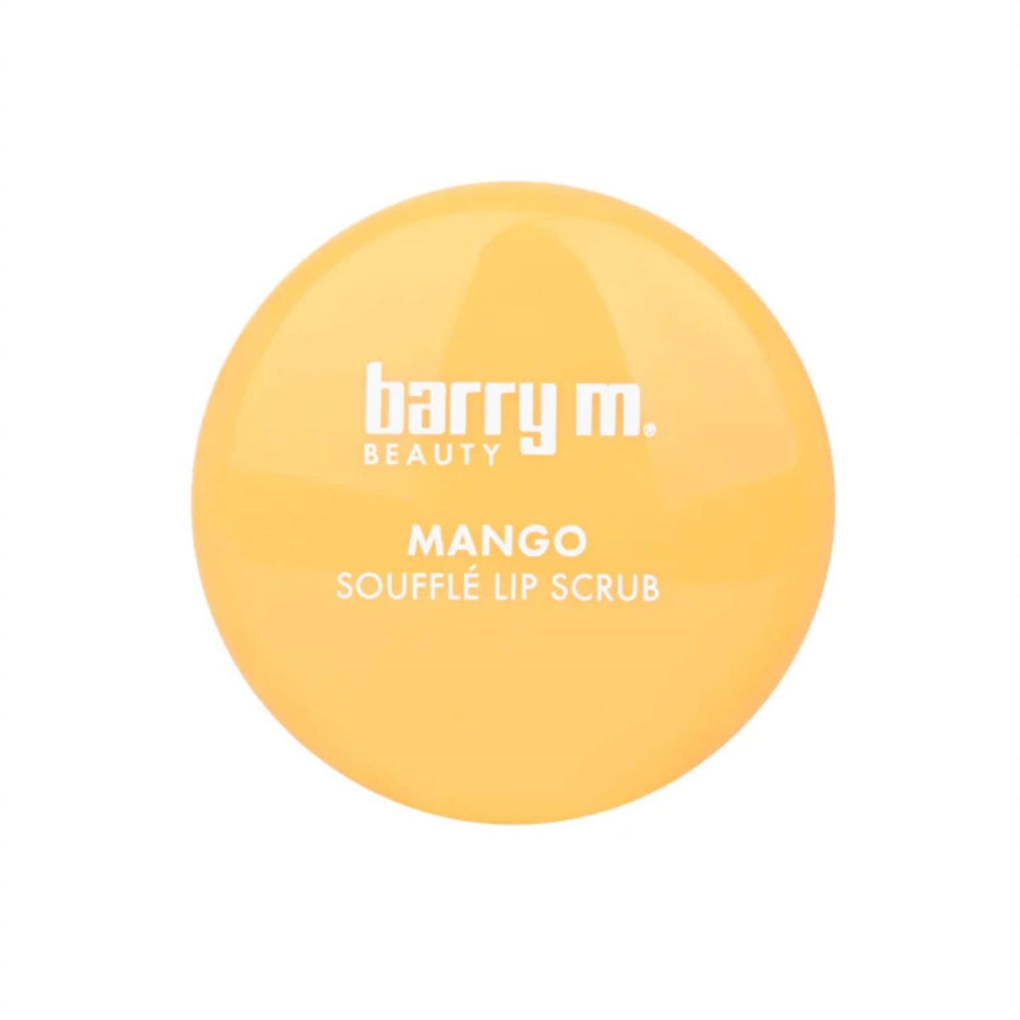 Top-down view of the bright yellow lid for Barry M Mango Soufflé Lip Scrub with white brand lettering